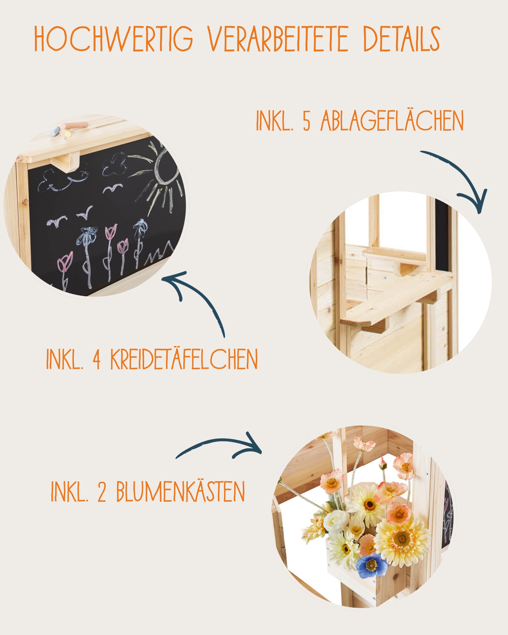 PINOLINO Outdoor Spielhaus Knut aus Massivholz I Kinder Gartenhaus mit Drehtür, 5 Ablagen & 2 Blumenkästen I Spielhaus mit 4 Kreidetafeln für Garten & Terrasse I 116 x 104 x 137 cm