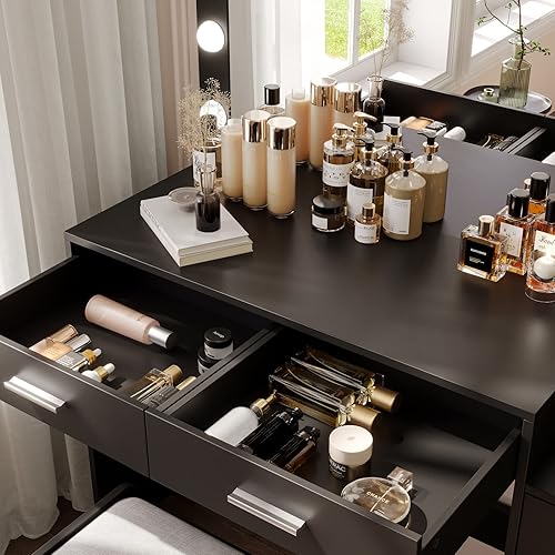Miniatura 4 de Rovaurx Mesa de tocador de maquillaje de 46.7 pulgadas con espejo iluminado, escritorio grande con estante de almacenamiento y 5 cajones, tocador de