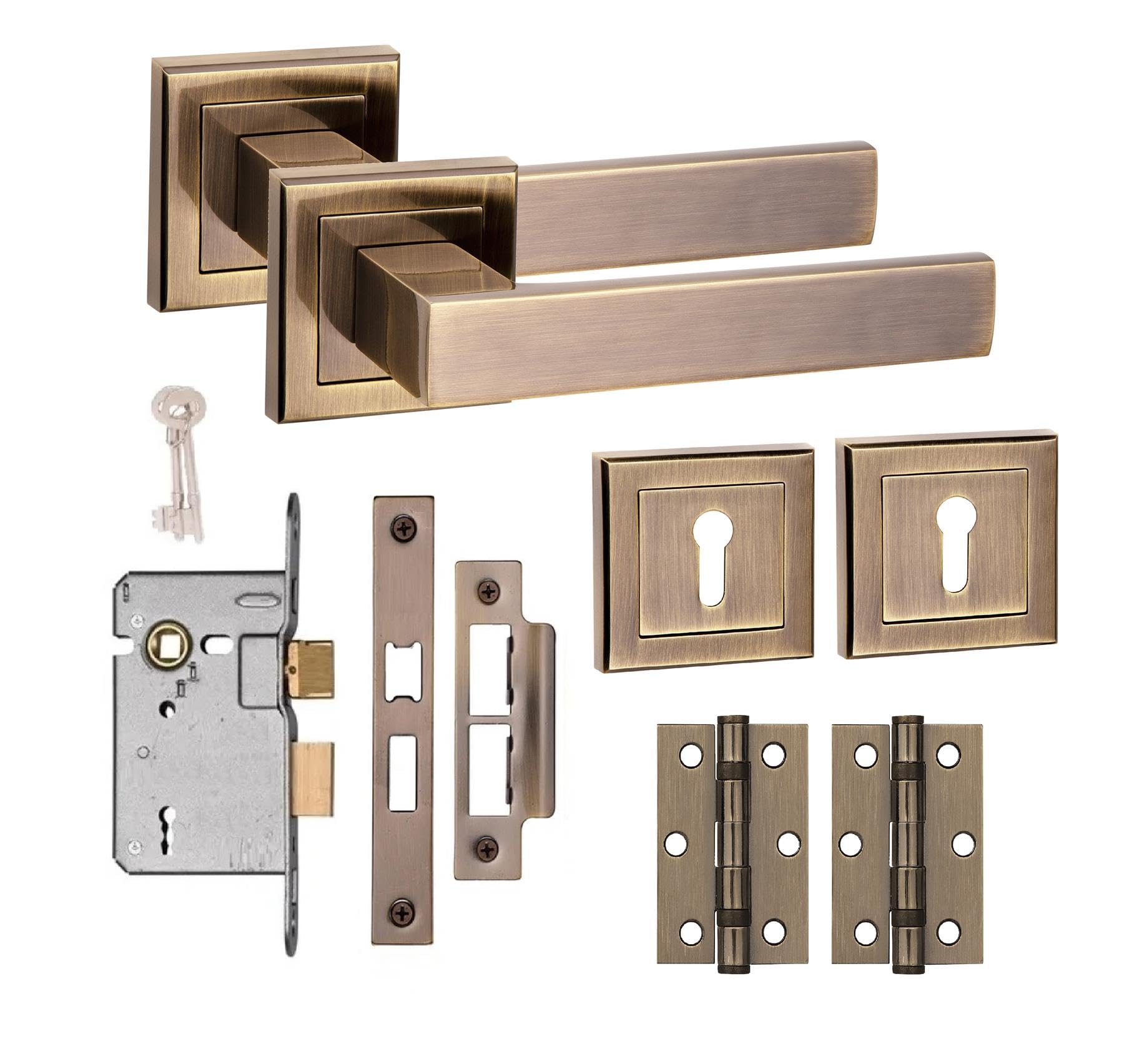 Golden Grace Delta Design Square Rose Door Handle Lock Set 3 Lever Mortise Lock BB Hinges Antique Brass