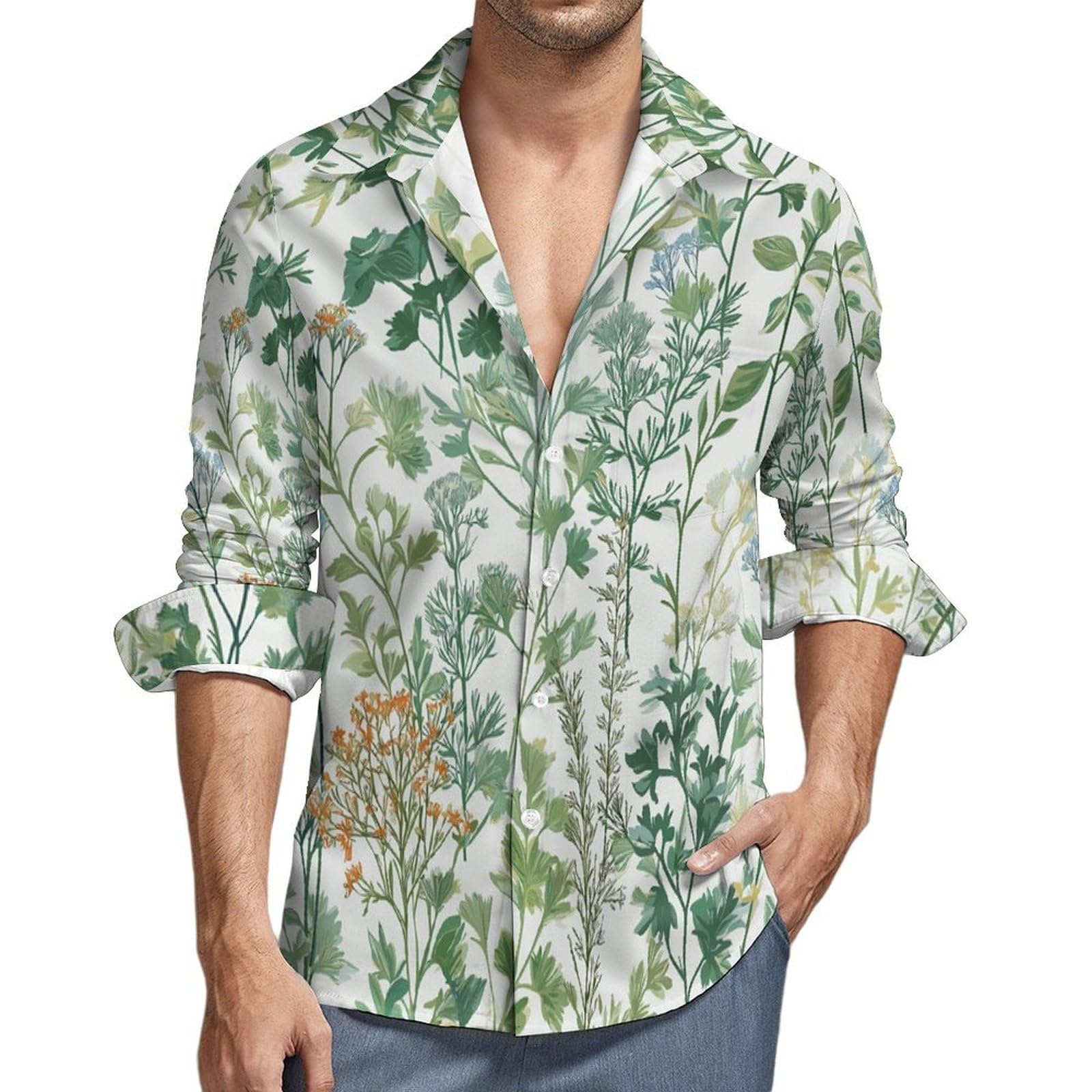 Camisa de Lino Flores Silvestres para Hombre - Camisas de Manga Larga Casual Verano Camisa Verde con Botones Camisas Ajuste Regular Ropa de Playa Vacaciones Trabajo