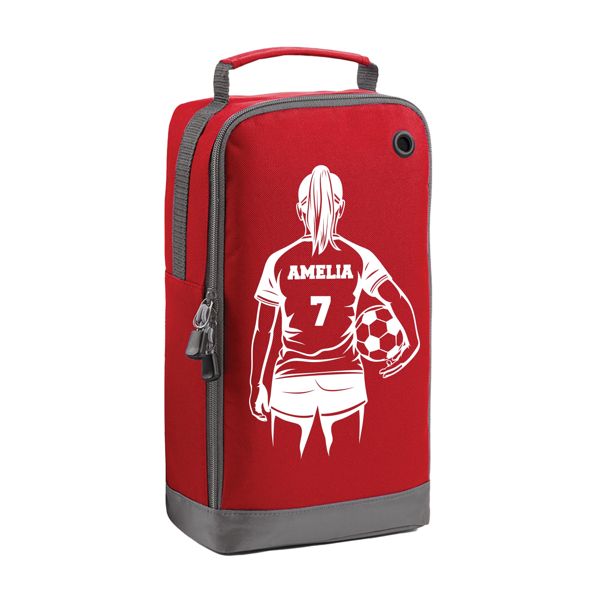 Personalised Kids Boot Bag with Custom Name - Female Player + Number Design - Red Shoe Bag for PE & School — image 1