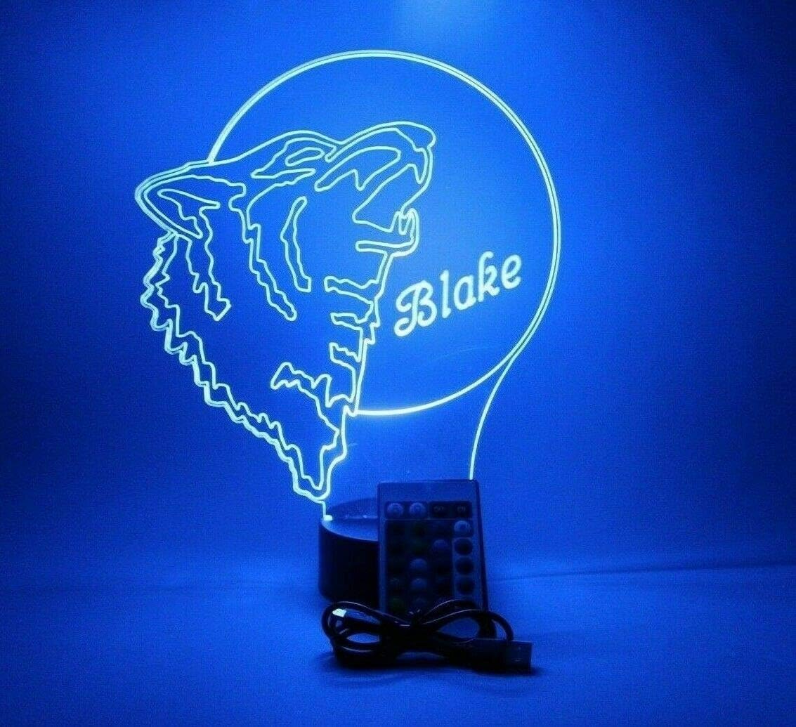 MIRROR MANIA Wolf Howling in Moon Light Up Lamp LED with Remote Personalize Free Engraved Wolf Table Lamp - It's Wow, Comes with Remote, 16 Color Options, Cord, Stand, Dimmer, Great Gift