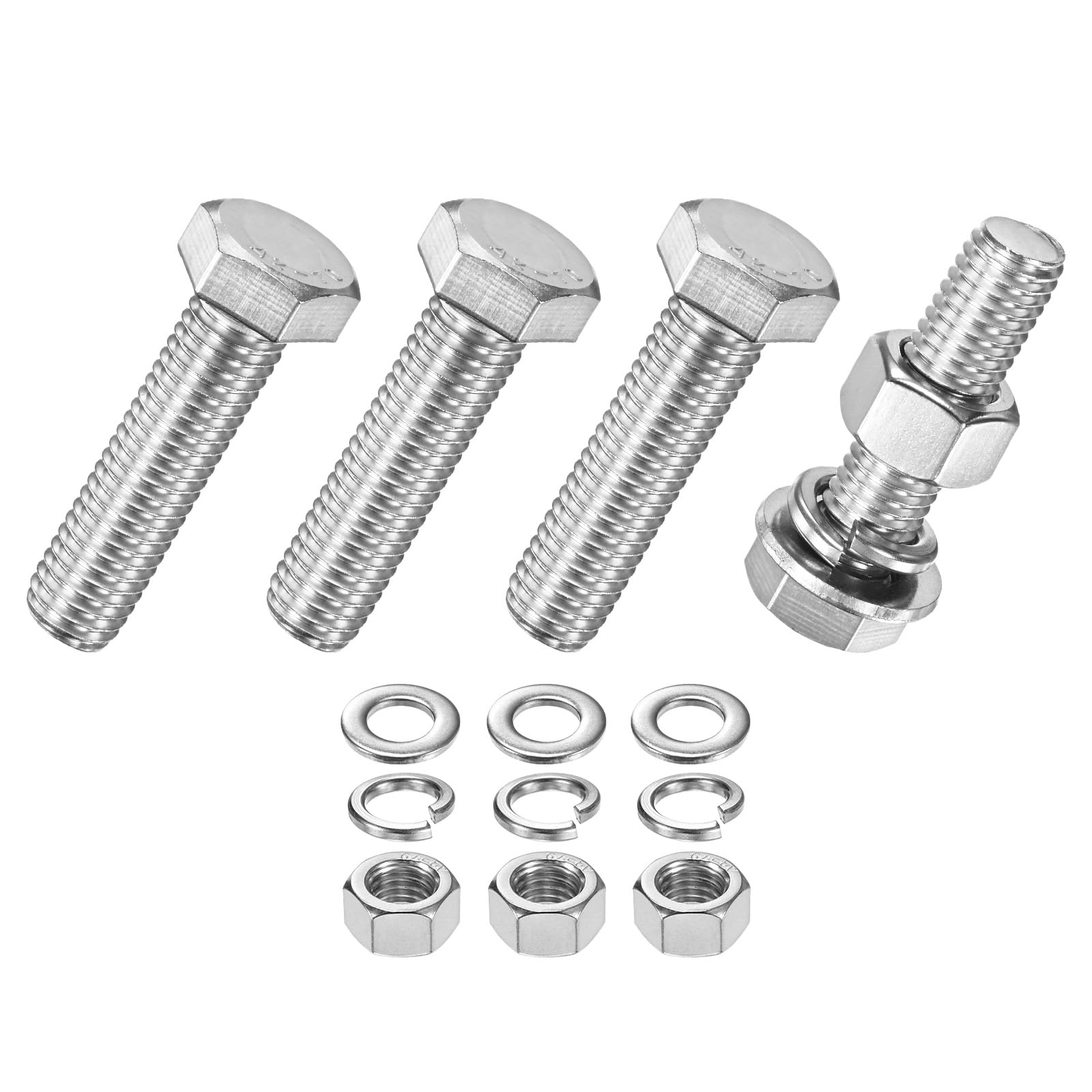M METERXITY 4-Pack Hex Head Screw Bolt with Nuts Flat & Lock Washers M12x45mm Stainless Steel Bolts and Nuts Kit Fully Threaded Metric Bolt Assortment for Equipment/Machinery