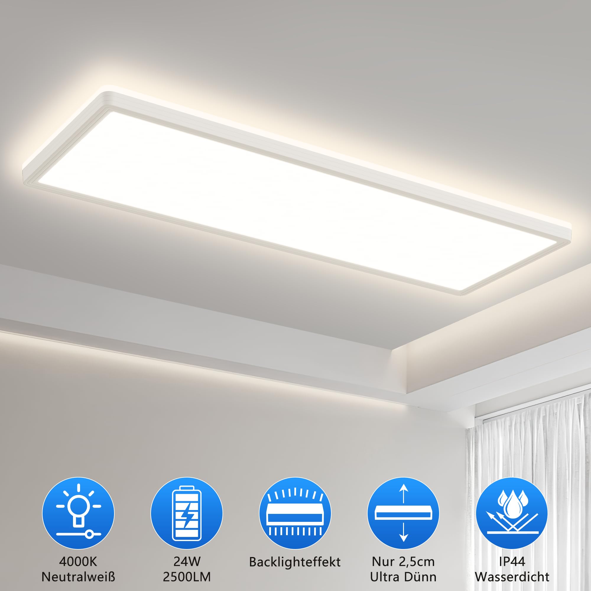 Deckenlampe Led Deckenleuchte Flach Lampe - LED Deckenlampe, Led Panel Rechteckige 24W 2500LM Decke Leuchten für Büro Küche Wohnzimmer, 4000K Neutralweißes Licht Backlighteffekt 580x200x25mm (LxBxH)