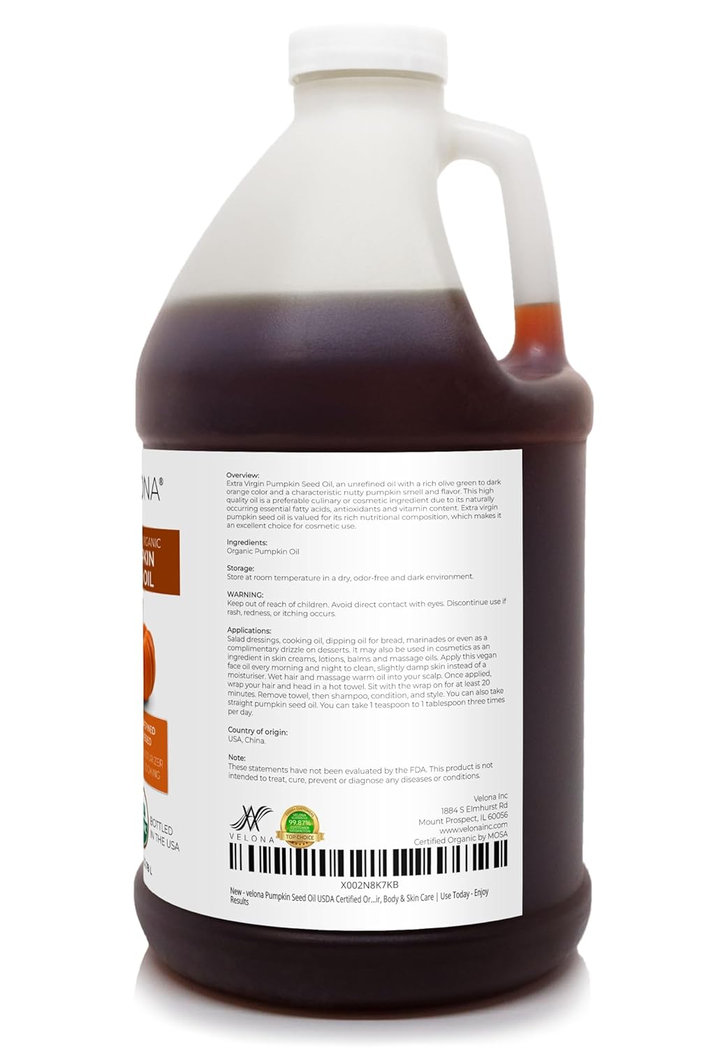 velona Pumpkin Seed Oil USDA Certified Organic - 1 Gallon / 128 Fl Oz | 100% Pure and Natural Carrier Oil | Unrefined, Cold Pressed | Cooking, Face, Hair, Body & Skin Care | Use Today - Enjoy Result