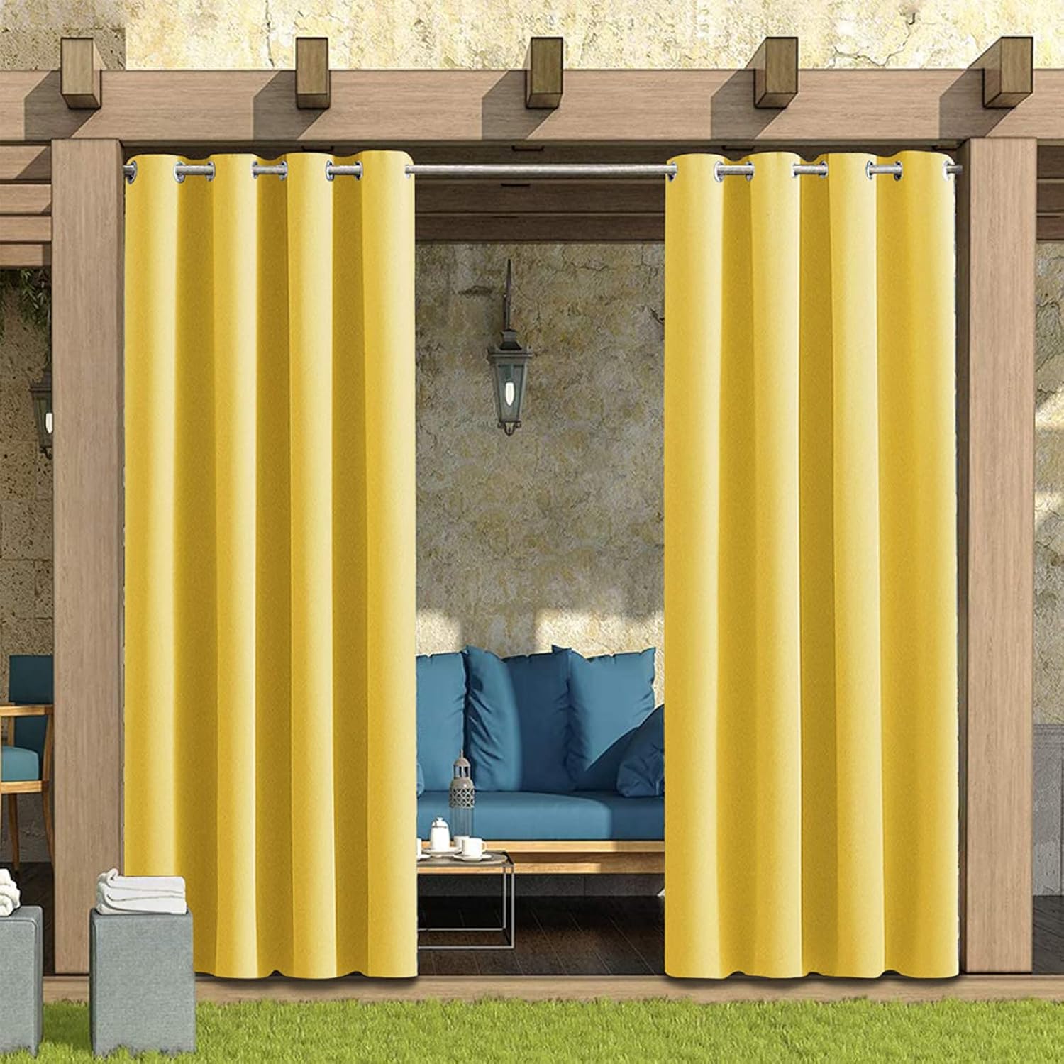 Waterproof Outdoor Curtain 32W x 60L inch Grommet Top Sunlight Blocking Window Treatment Drapes Blackout Curtains for Home Bedroom Living Room Outdoor Patio Porch Pergola Cabana（Yellow, 2 Panels