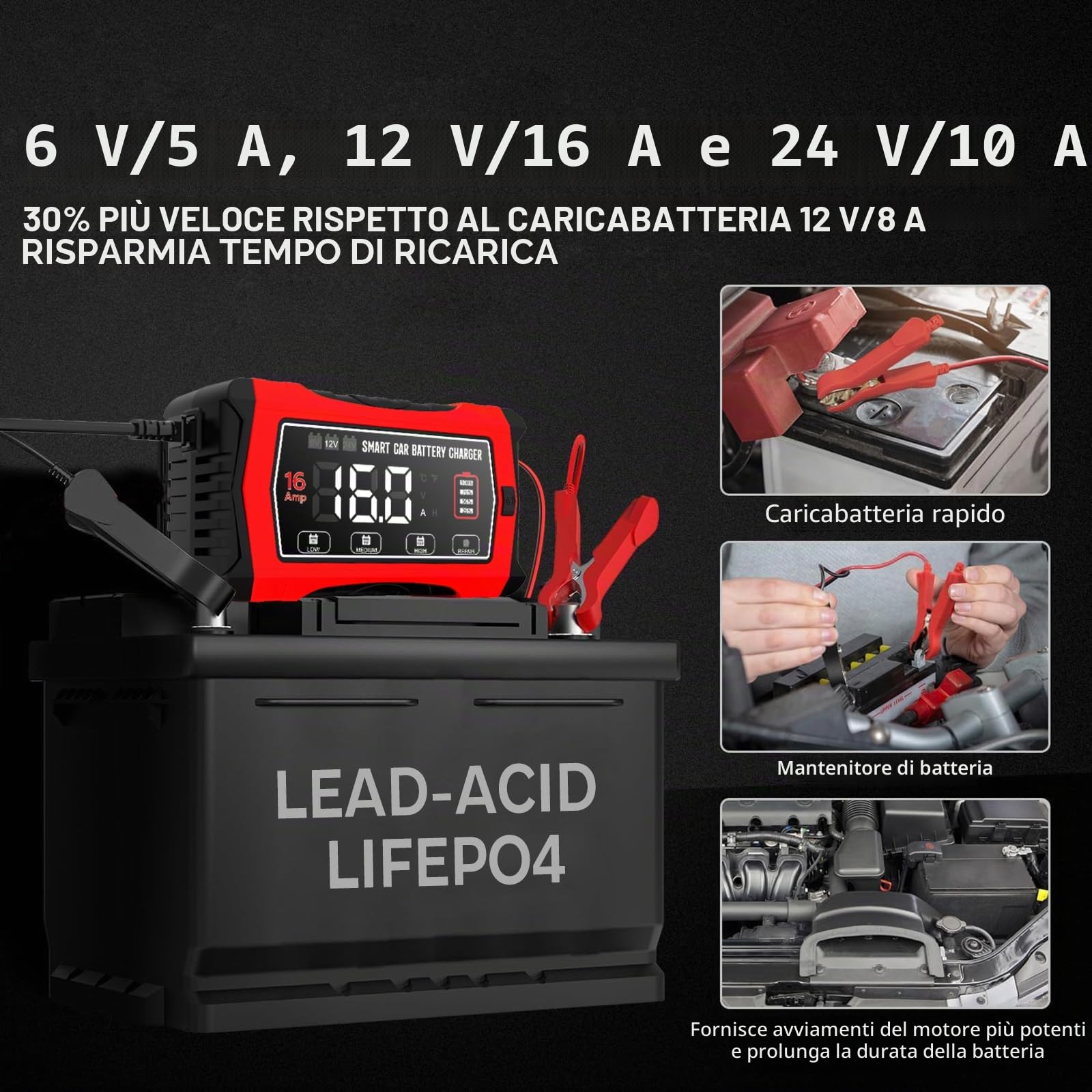 Haisito Caricabatterie per Auto 16A, Caricabatterie Automatico Intelligente 6V/12V/24V per Batterie al Piombo (AGM/GEL/SLA/EFB) e LiFePO4, Mantenitore a 10 Stadi con Schermo LCD per Auto, Moto