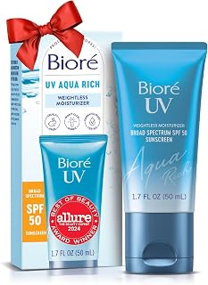Biore UV Aqua Rich Daily Hydrating Facial Moisturizer with SPF 50 | Oil Free Sunscreen for Sensitive Skin with Hyaluronic Acid, Non-Comedogenic, Dermatologist Tested, 1.7 Oz