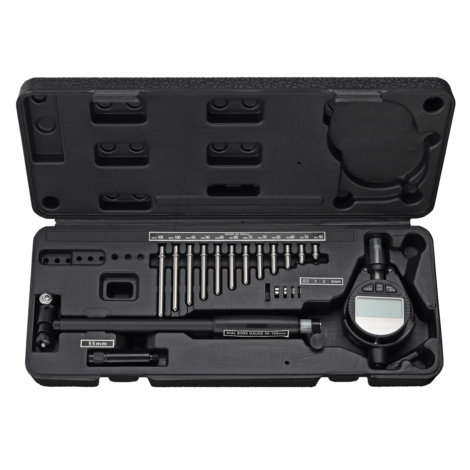 AUTOUTLET Bohrungslehre Messuhr Set 50-160mm, Digitales Bohrungsmessgerät Innenmessgerät Hohe Präzision 0,01mm Innendurchmesser Messuhren mit 12 Sonden & Box, Dial Bore Gauge Industriemesswerkzeug
