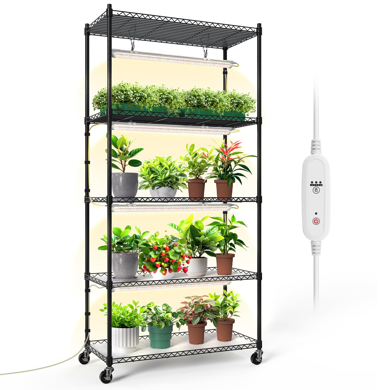 Bstrip 5-Tier Plant Shelf with Grow Light, Indoor Metal Plant Stand with T8 Full Spectrum Grow Light, Adjustable Shelves & Wheels for Seedling, Seed Starting, 75x35x150cm