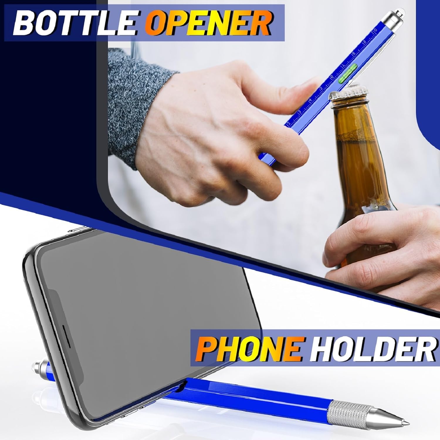 The multi-tool pen being used as a bottle opener and as a phone stand.