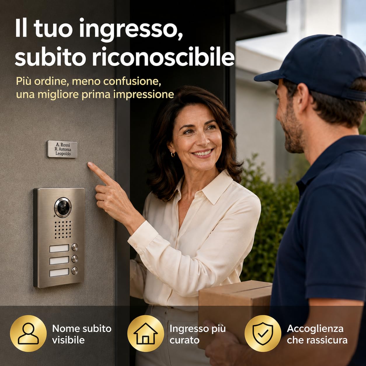 Targhetta Citofono Esterno Personalizzabile - Adesiva, in Acciaio Inox - Incisione Laser - Targhetta Personalizzata per Casa, Porta Ingresso, Armadietti, Cassetta Postale - 7x2cm (Oro)
