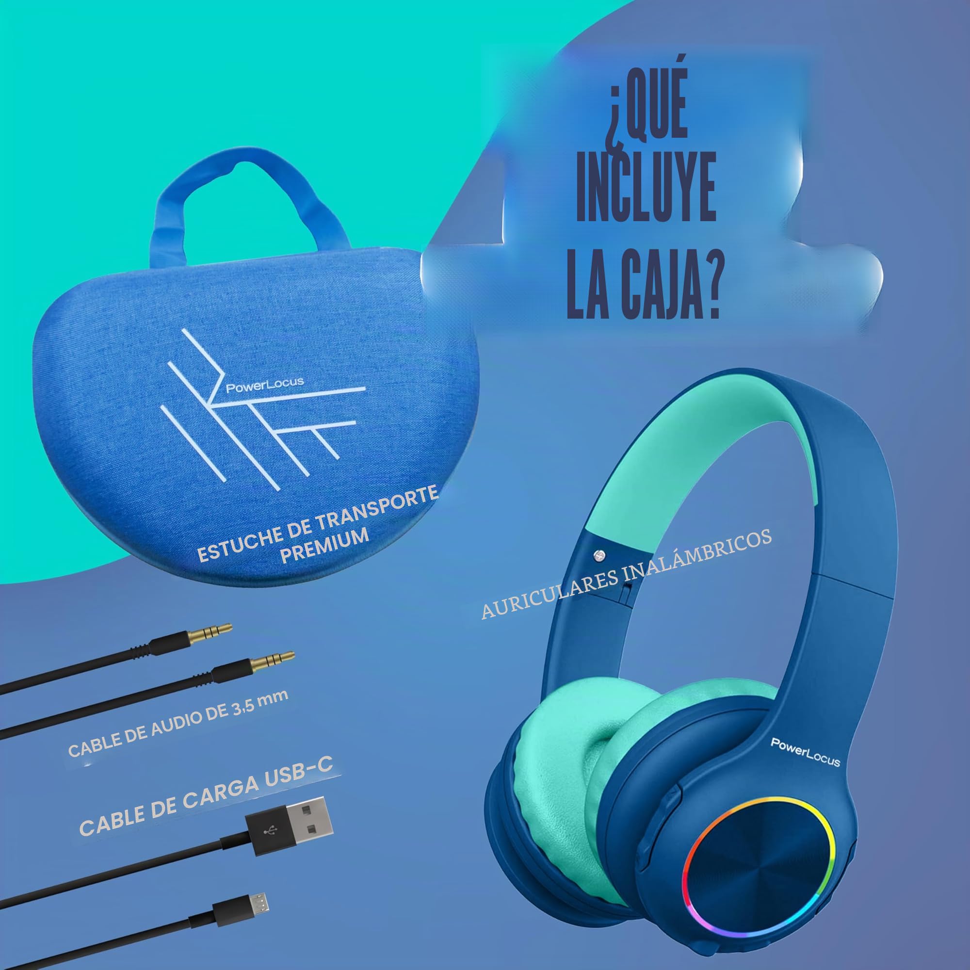 PowerLocus - Auriculares Bluetooth Plegables inalámbricos para niños con Luces LED, HD estéreo, USB-C de Carga rápida, micrófono Integrado, SD Modo y con Cable para iPhone/Tabletas/TV