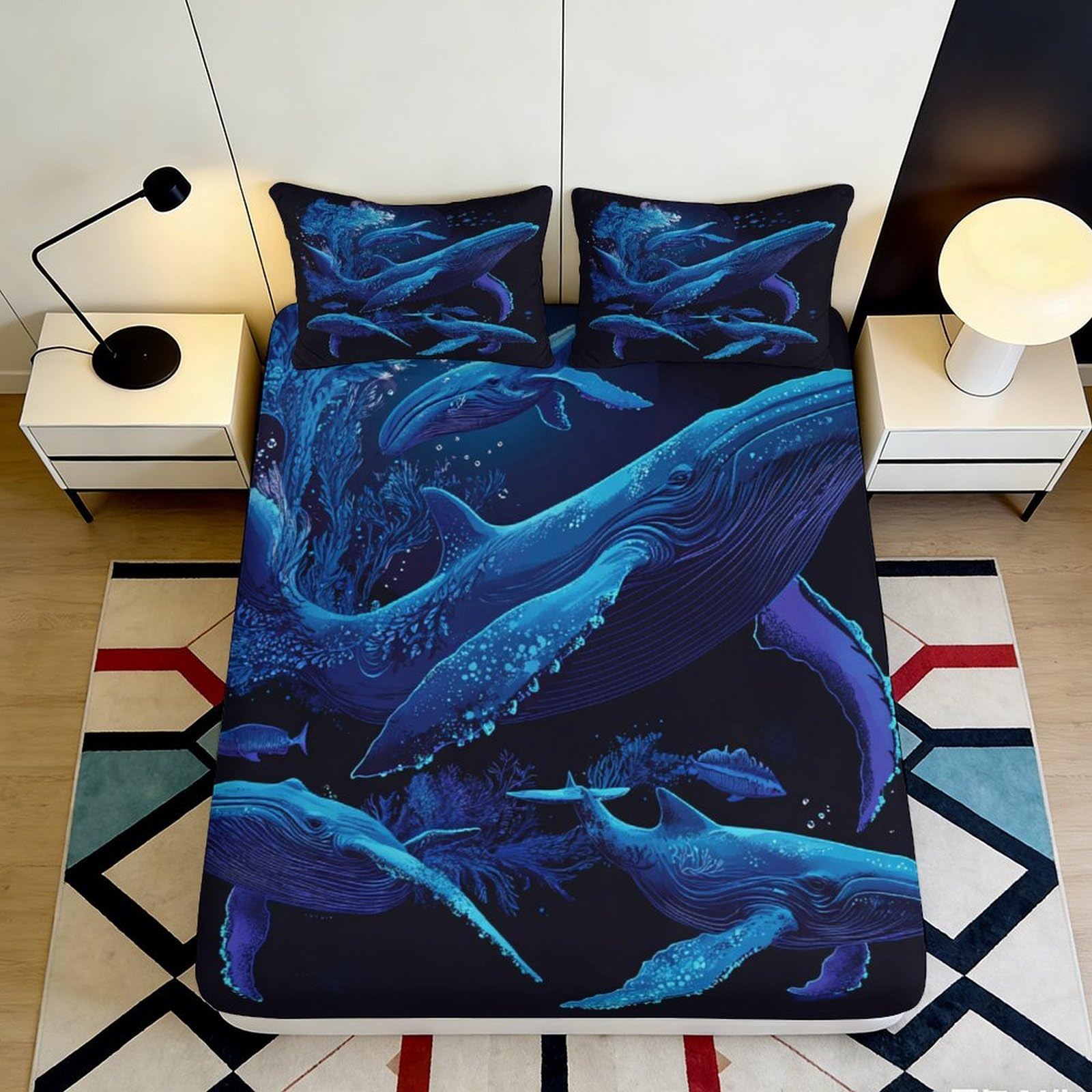 3D Printed Ocean Whale Fitted Sheet Microfiber Soft Breathable Underwater Blue Bed Cover for Bedroom Guest Room Decor 90x200x25cm