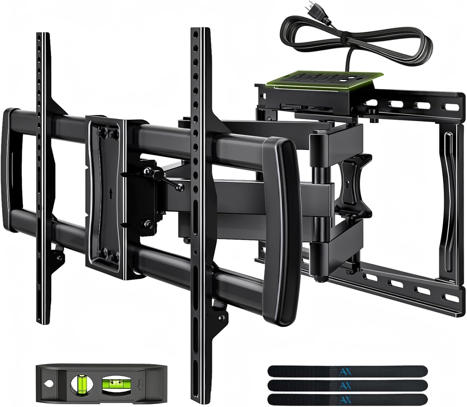 Full Motion TV Wall Mount Bracket with Power Outlet for Most 32-85 inch TV,TV Mount Dual Articulating Arms,Tilt/Swivel/Extension/Leveling,Fits 8” 12” 16" Studs,Max Vesa 600x400mm, Holds up to 132lbs
