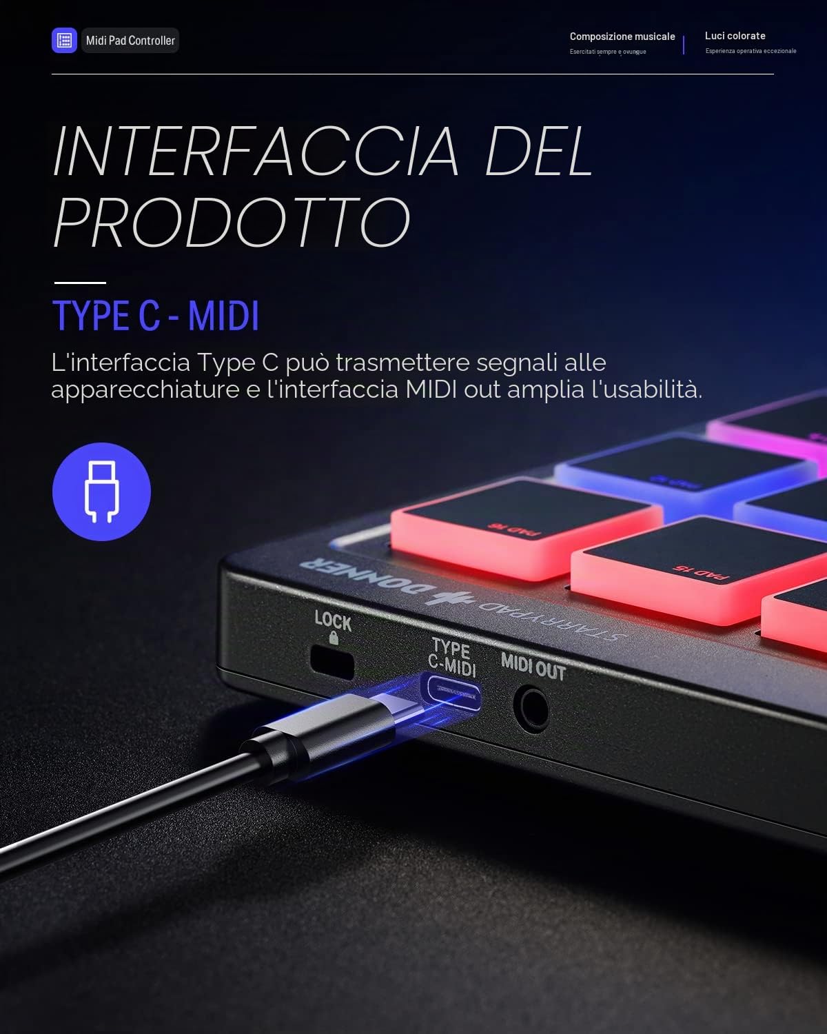 Donner Controller MIDI Pad Drum Pad Macchina, Professional USB Type-C Tastiera Beat Maker con 16 Pad, MIDI out, 2 Fader e Knobs Assegnabili (STARRYPAD MINI, Nero)