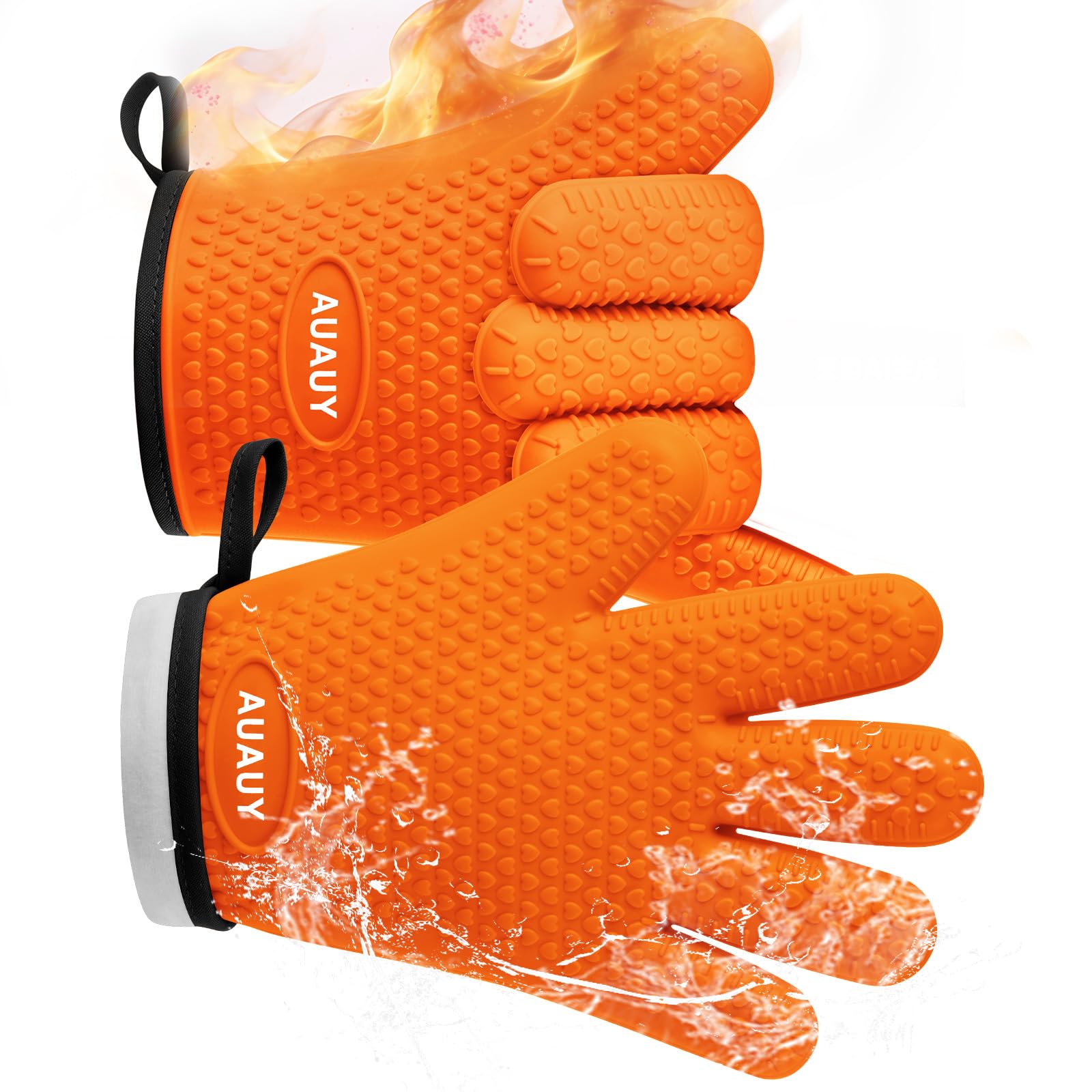 AUAUY 1 Pair Silicone Oven Gloves, Silicone & Cotton Double Layer Heat Resistant 446°F BBQ Gloves with Fingers, Non-Slip Kitchen Cooking Oven Gloves for Grilling Kitchen Baking Oven Microwave, Orange