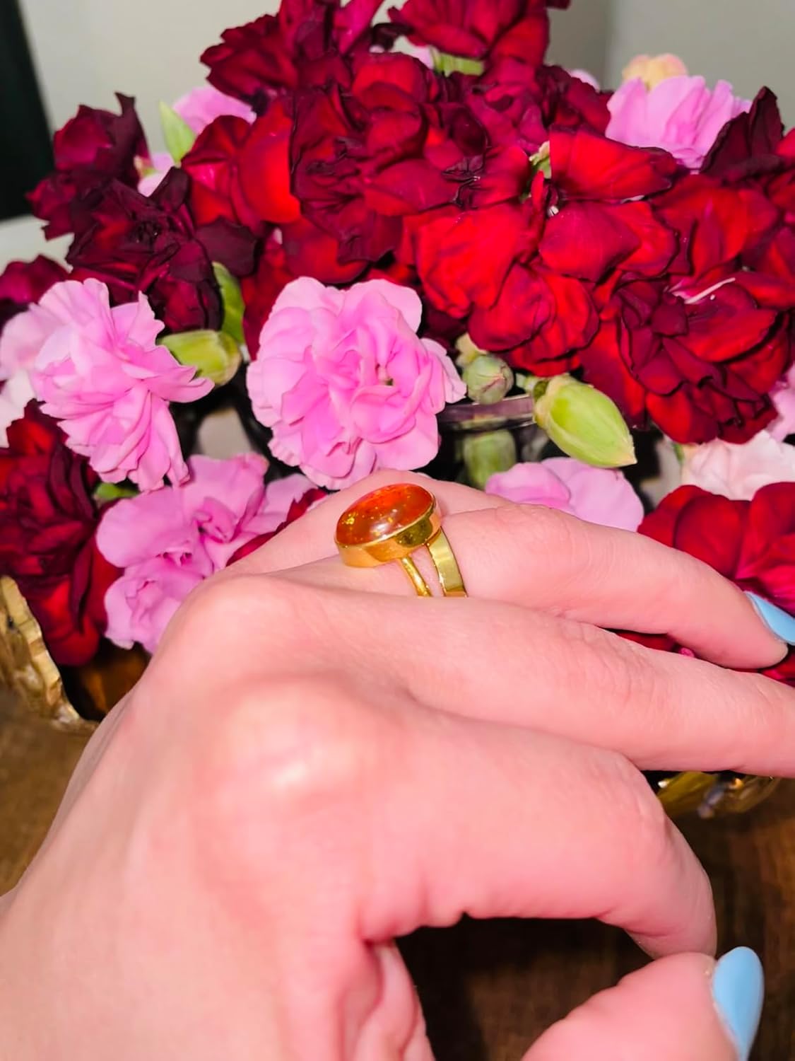 Handmade Baltic Amber Oval Gemstone Dainty Minimalist Ring | 14k Yellow Gold Vermeil 925 Sterling Silver Statement Ring | Everyday Wear Rings For Women