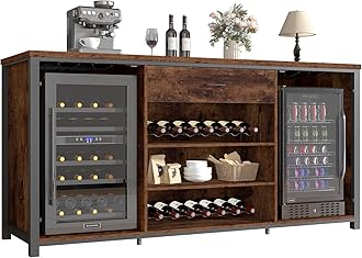 Large Bar Cabinet with Fridge Space, Rustic Long Liquor Cabinet with Drawer Storage, Farmhouse Wood Metal Wine Cabinet with Rack, Sideboard Buffet for Kitchen Dining Room, Rustic Brown, 70 Inch