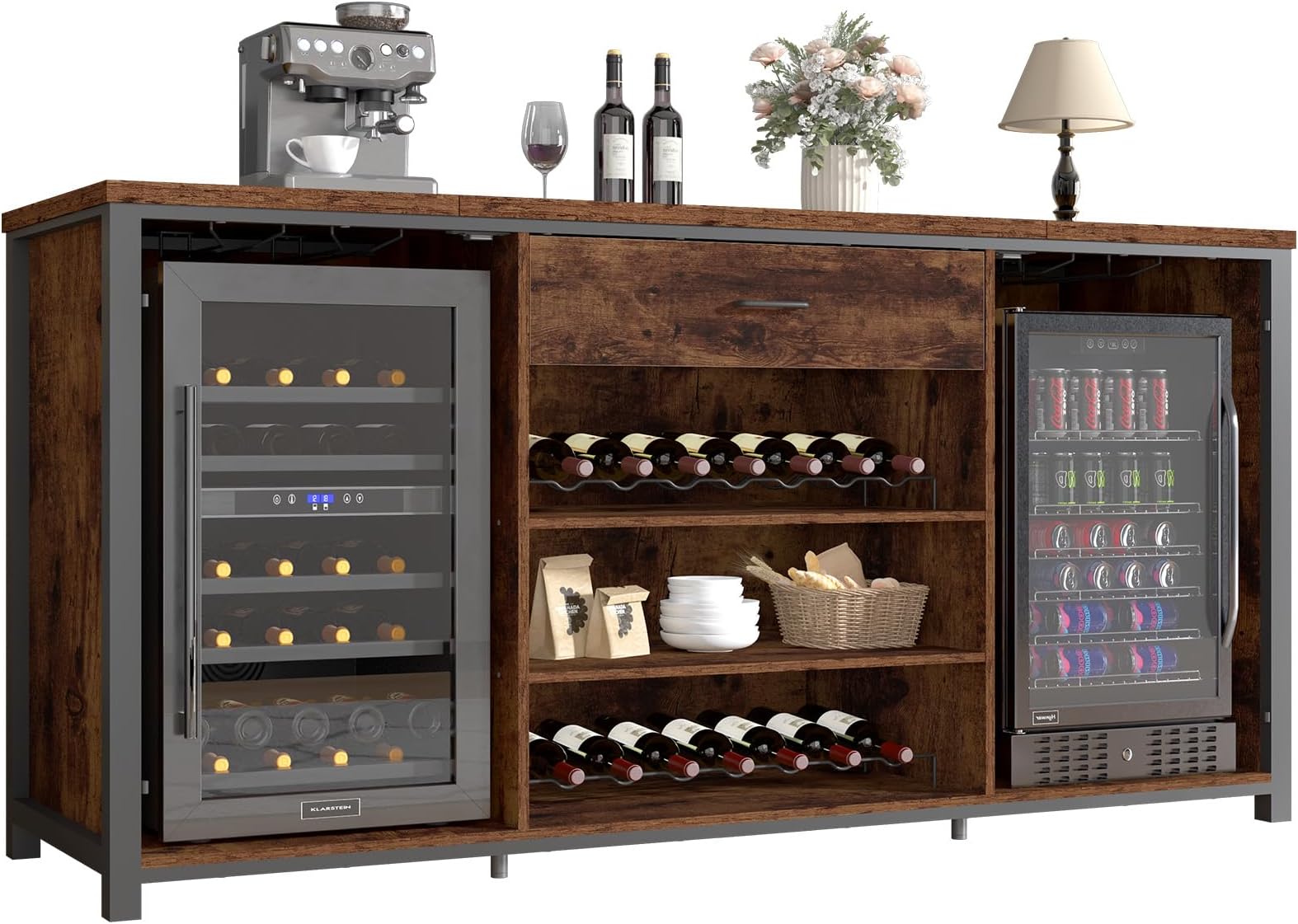 LVB Large Bar Cabinet with Fridge Space, Rustic Long Liquor Cabinet with Drawer Storage, Farmhouse Wood Metal Wine Cabinet with Rack, Sideboard Buffet for Kitchen Dining Room, Rustic Brown, 70 Inch