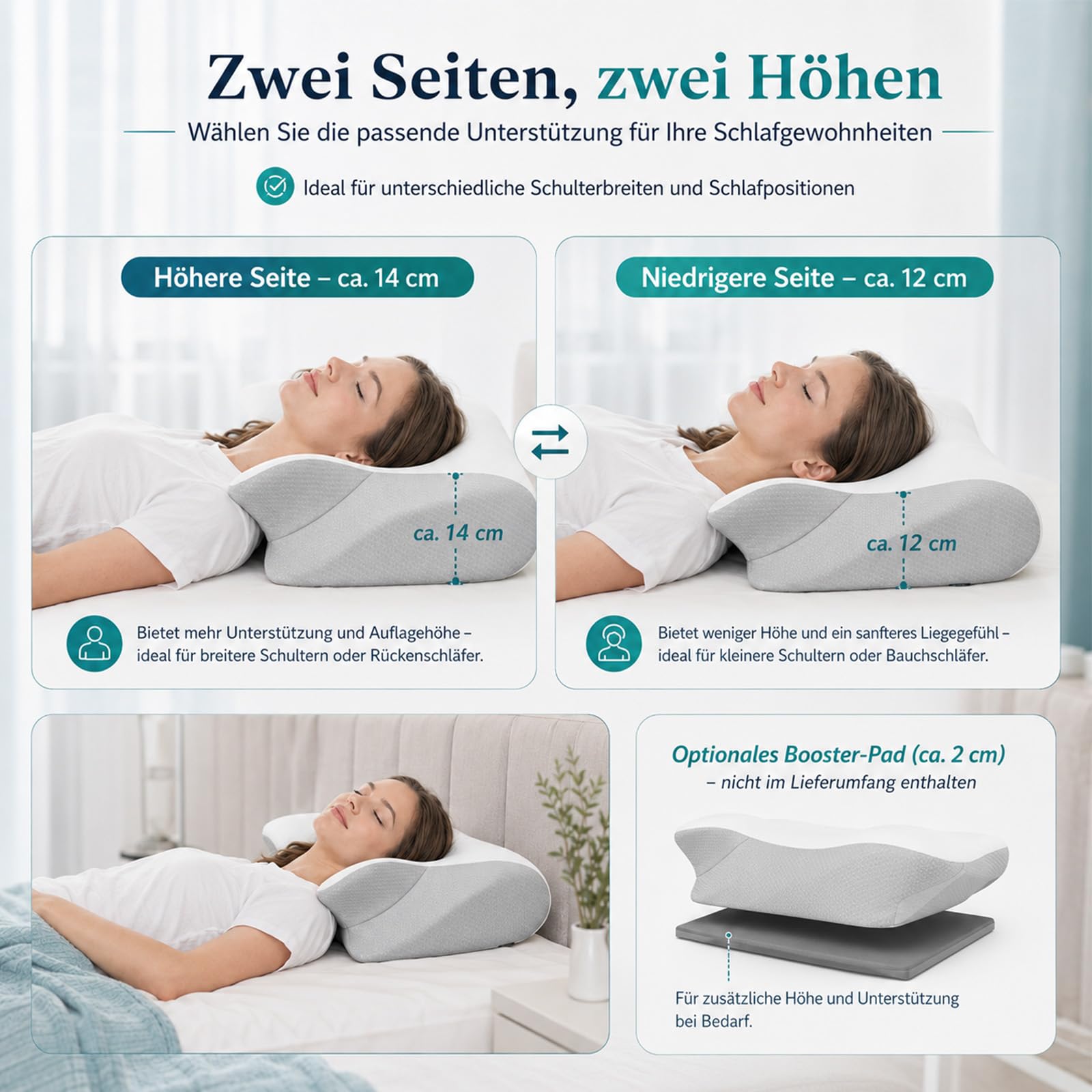 Nucca Kissen, Ergonomisches Nackenstützkissen aus Dual-Density-Schaum | Drei Komfortzonen, seitliche Armaussparungen und waschbarer Bambusmix-Bezug für Rücken-, Seiten- und Wechselschläfer.