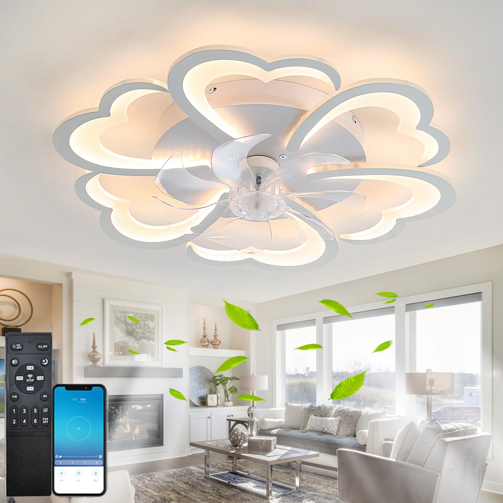 Fachae Flower Ceiling Fan with Light and Remote Control, Dc 6 Speeds Ceiling Fan Lamp, Dimmable LED, Silent Memory Function, for Bedroom, Living Room, App, White