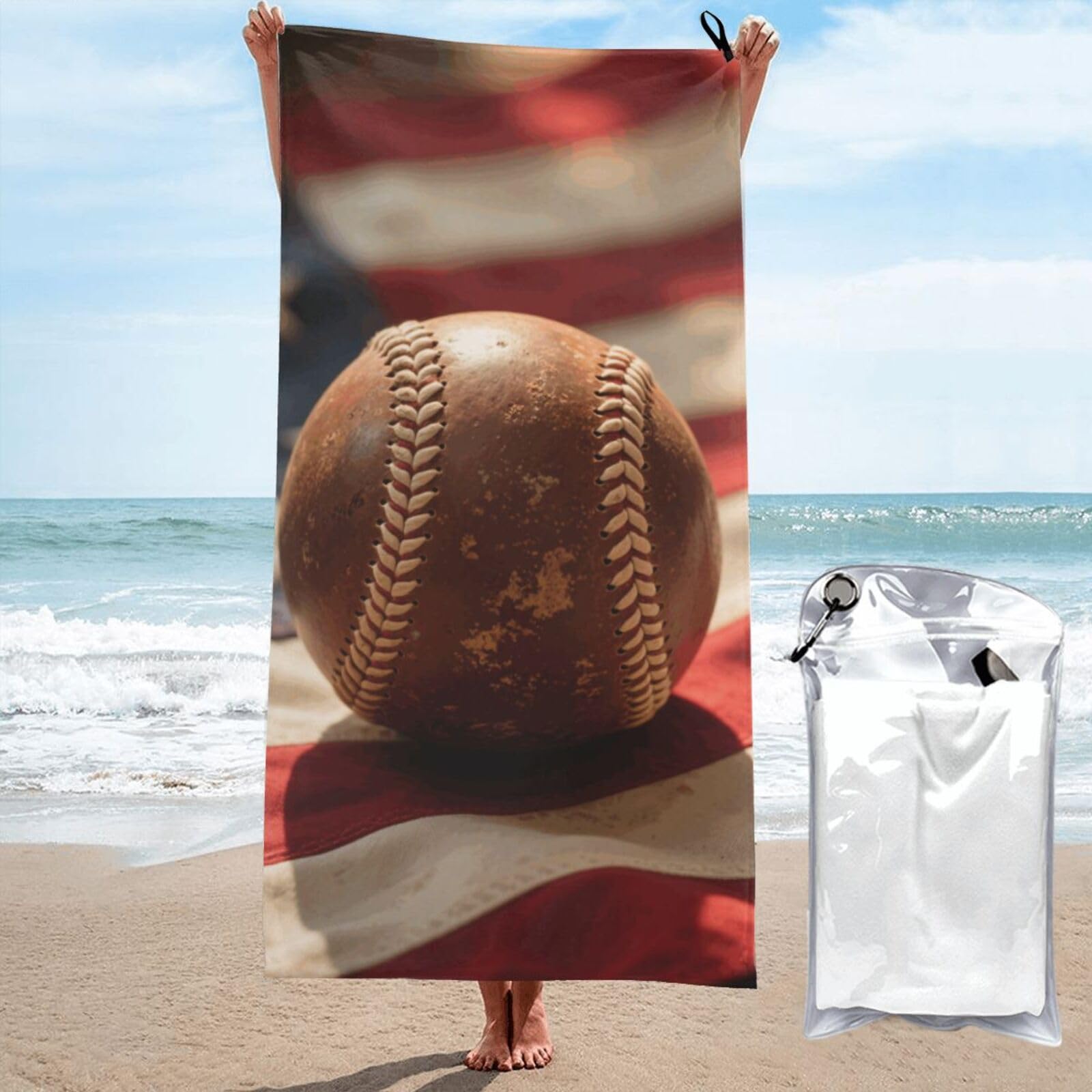 LMNGH Vintage Baseball On American Flag Bath Towel Super Absorbent Quick Dry Bathroom Towel Sand Free Microfiber Beach Towels for Bathroom, Gym, Spa and Hotel Towel 27.5"x55"