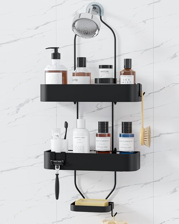 Kitsure Shower Caddy Hanging - No-Drill Bathroom Organizers and Storage, Wobble-Free Bathroom Shelves with Adhesive Tapes, Rust-Proof Shower Storage for Toiletries, Black, 25.0" H