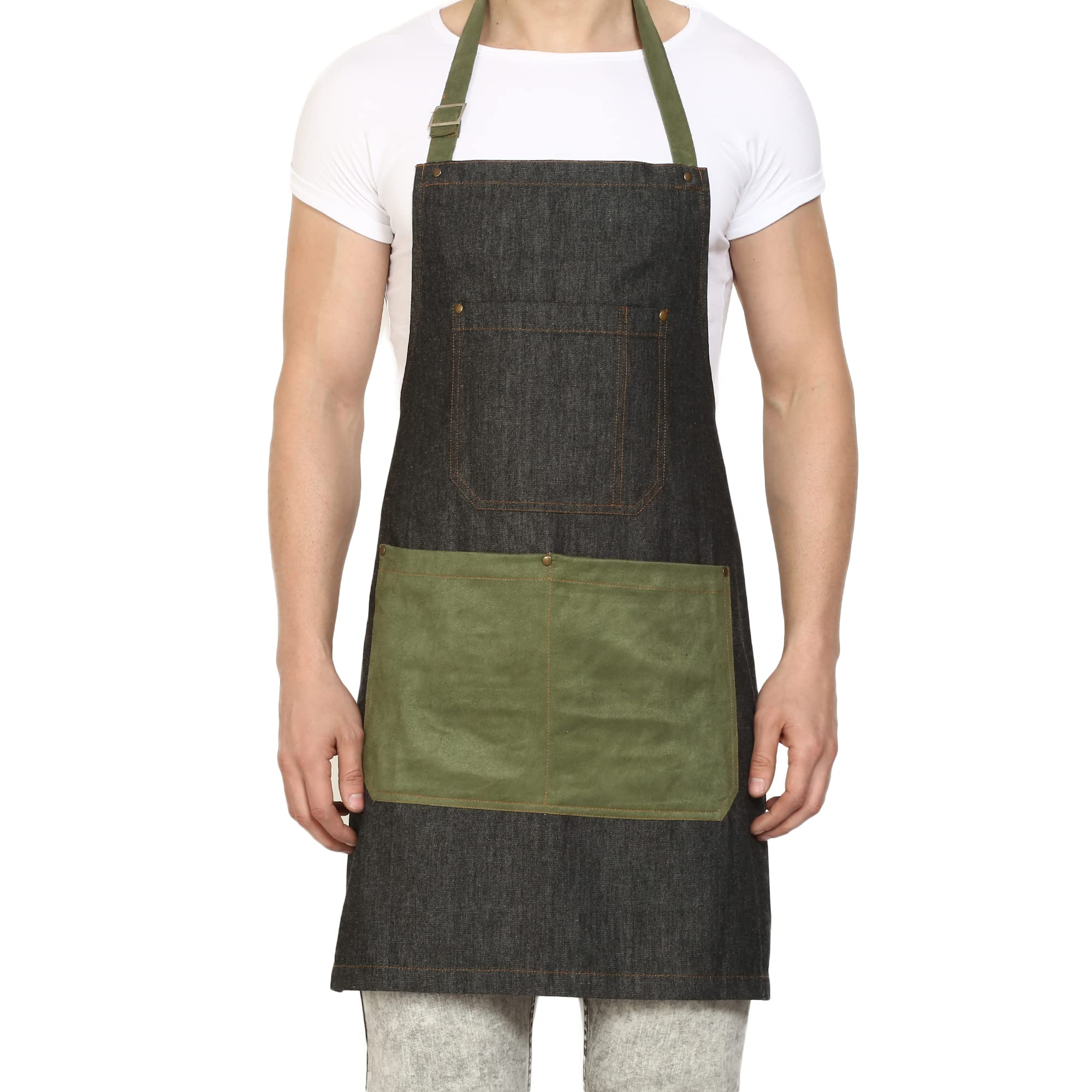Premium Denim Apron with Olive Green Pockets for BBQ Grill, Cooking, Kitchen, Chef Coat. Barber Apron for Men and Women - Unisex Adjustable Neck Strap Gardening Apron Coat - BLACK
