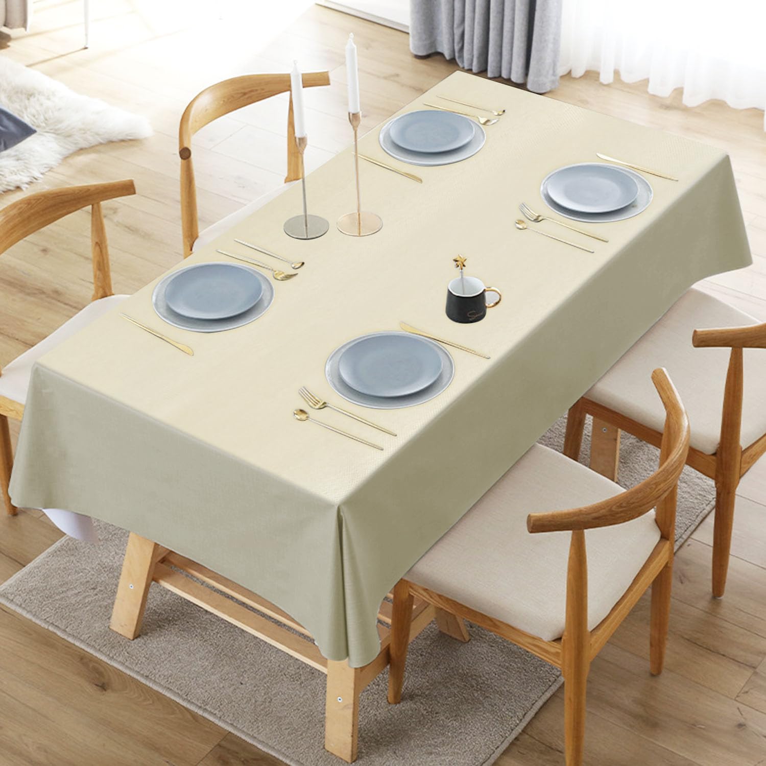 Newthinking Light Beige Pvc Table Cloth Wipe Clean Tablecloth Plastic Waterproof Table Protector, Rectangular Wipeable Tablecloths For Kitchen Picnic Outdoor Indoor - 54X54in/137X137cm
