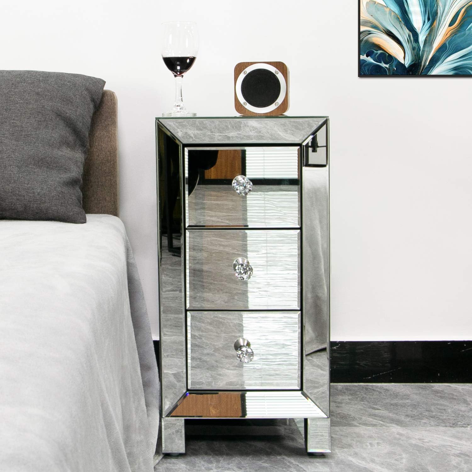 Photo 1 of ***USED - CRACKED - SEE COMMENTS***
yoyomax Mirrored Nightstand, 3-Drawer Mirrored End Table with Crystal Style Knobs, 11.7" L x 11.8" W x 23.8" H - Silver