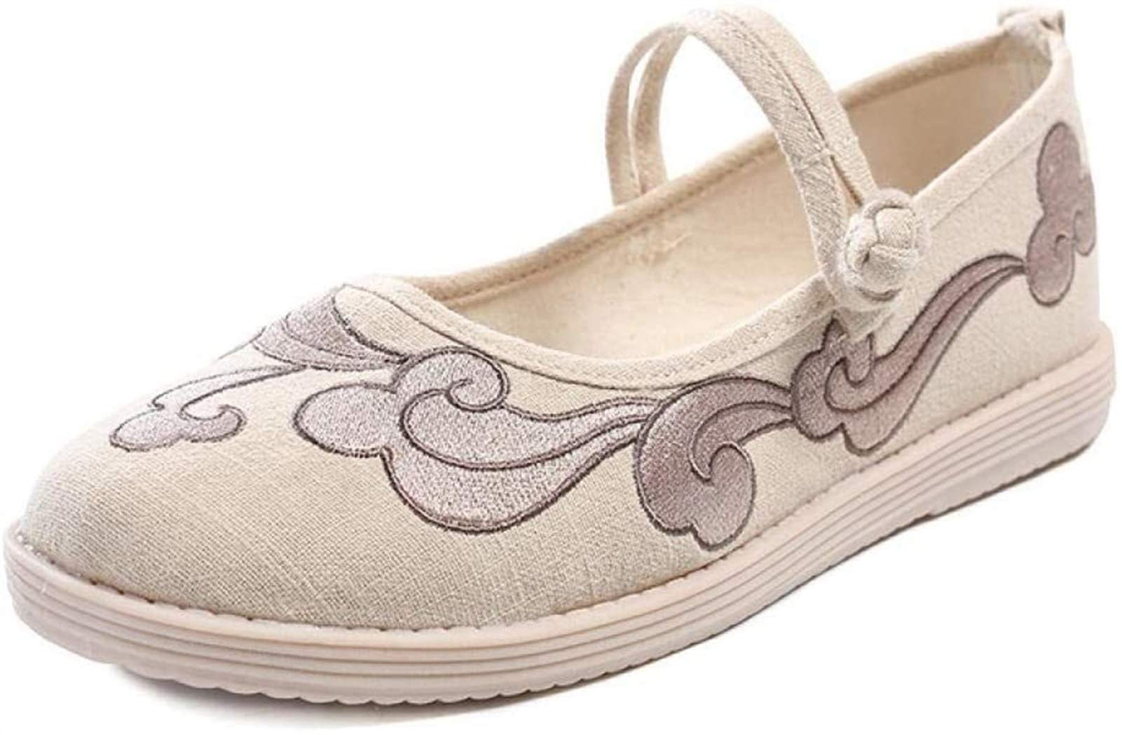 ghjk Ethnic Embroidered Shoes Handmade Old Beijing Cloth Shoes Breathable Sweat-absorbent Rubber Sole Women's Shoes (Color : Beige, Size : 5.5) (Color : Beige, Size : 7)