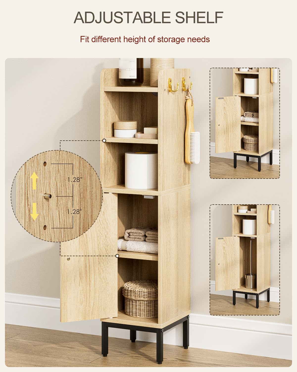 HEYZOEY Armario de baño estrecho de pie, armarios altos de baño con puerta, armario estrecho para baño, cocina, salón, dormitorio, balcón u oficina, ratán negro