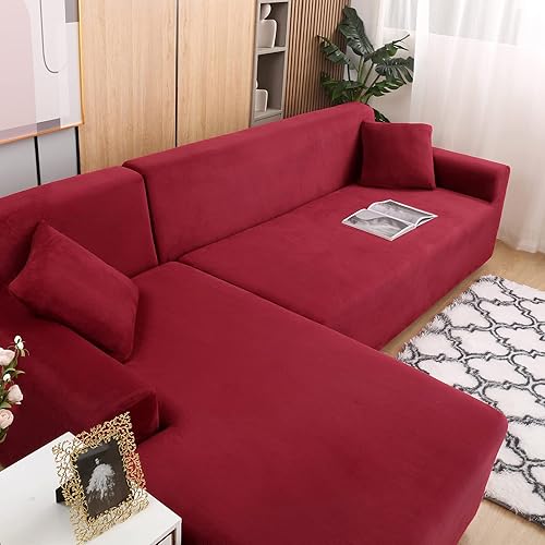 Miniatura 8 de Beacon Pet Fundas para sofá modular, 2 fundas de sofá en forma de L con fundas de almohada, fundas elásticas de terciopelo para sofá de 3 + 3