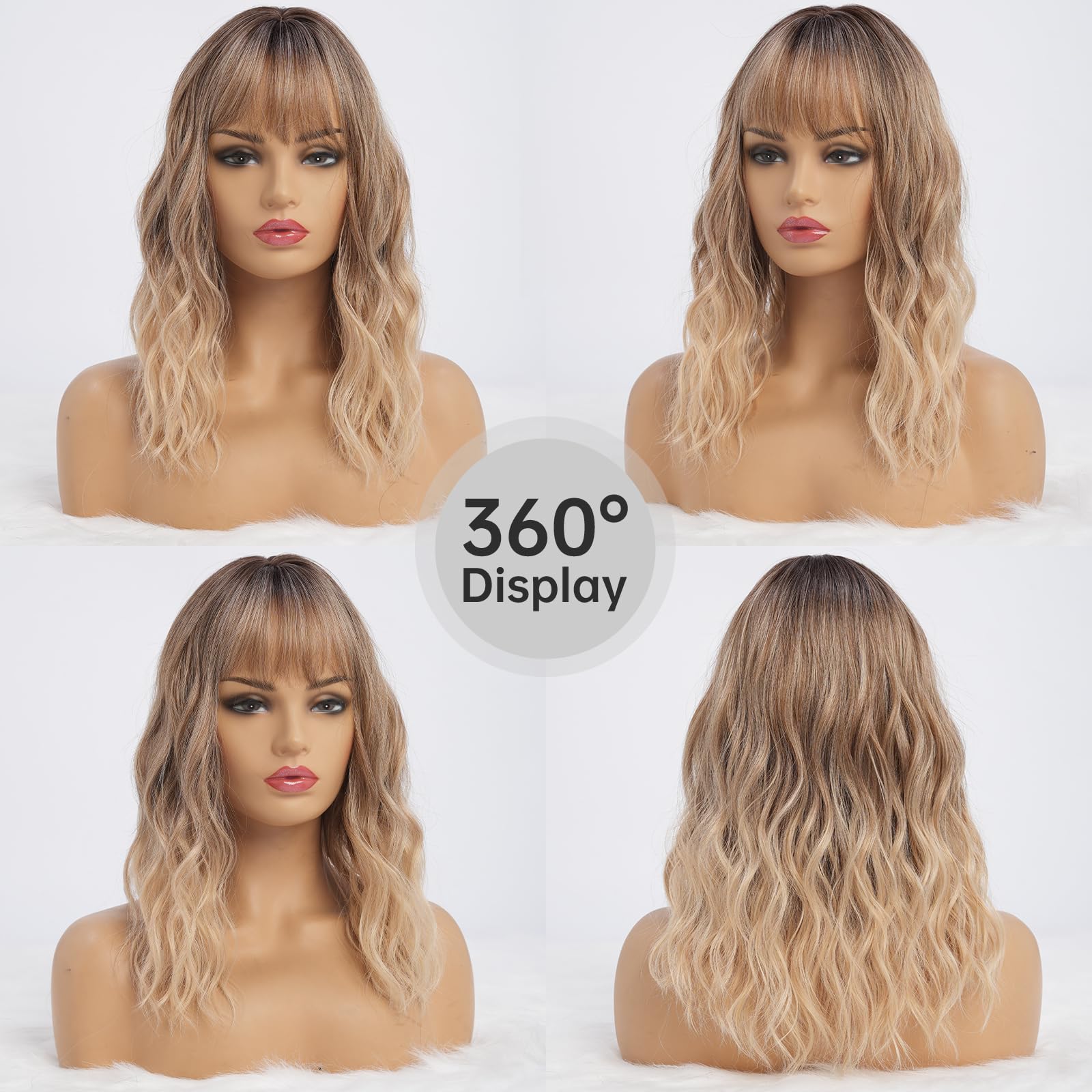Simkaylee Blonde Perücke mit Pony 40cm Mittellang Gewellt Synthetisches Haar Ombre Blond Dunkler Ansatz Natürliche Haarlinie
