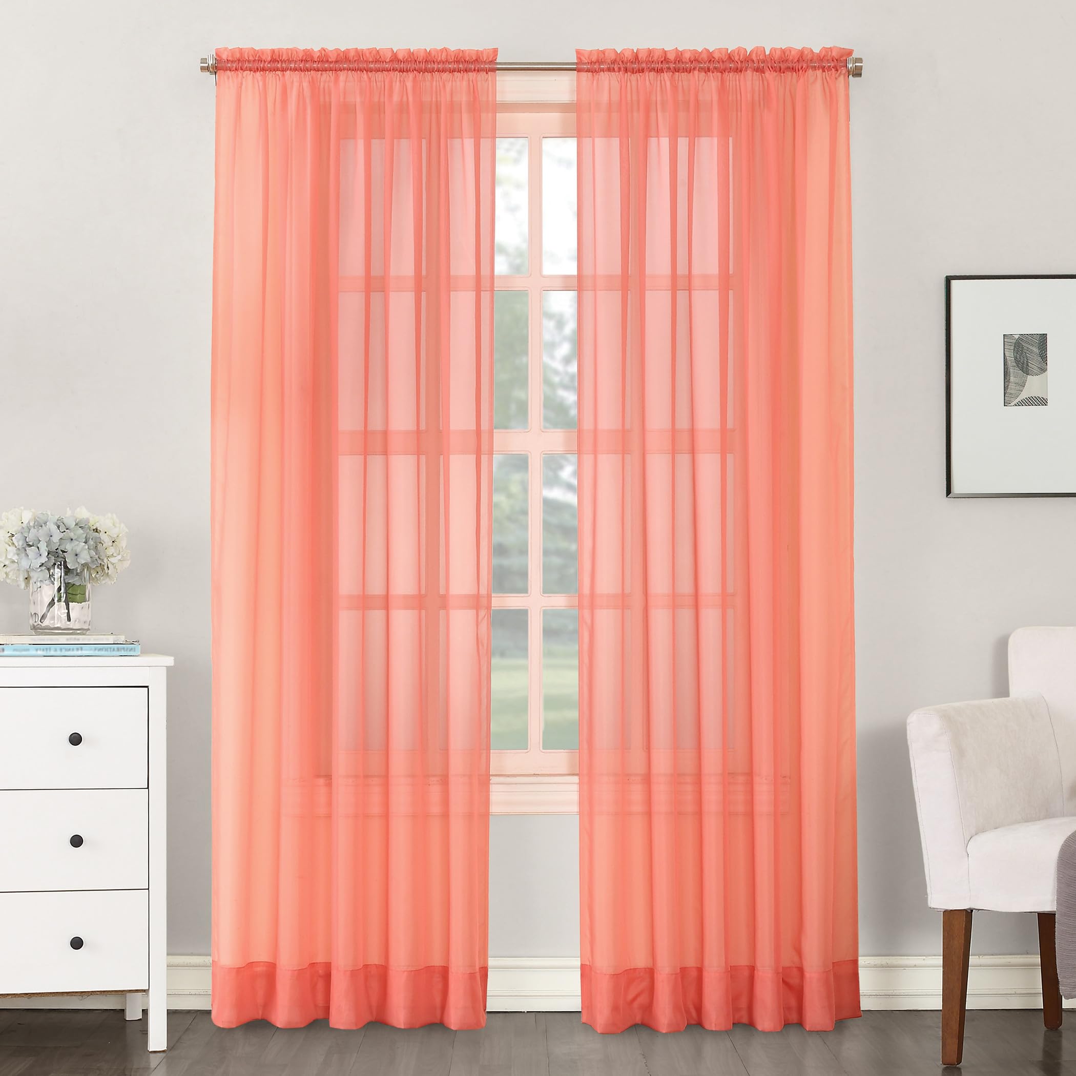 No. 918 Emily Sheer Voile Rod Pocket Curtain Panel, 59" x 95", Coral