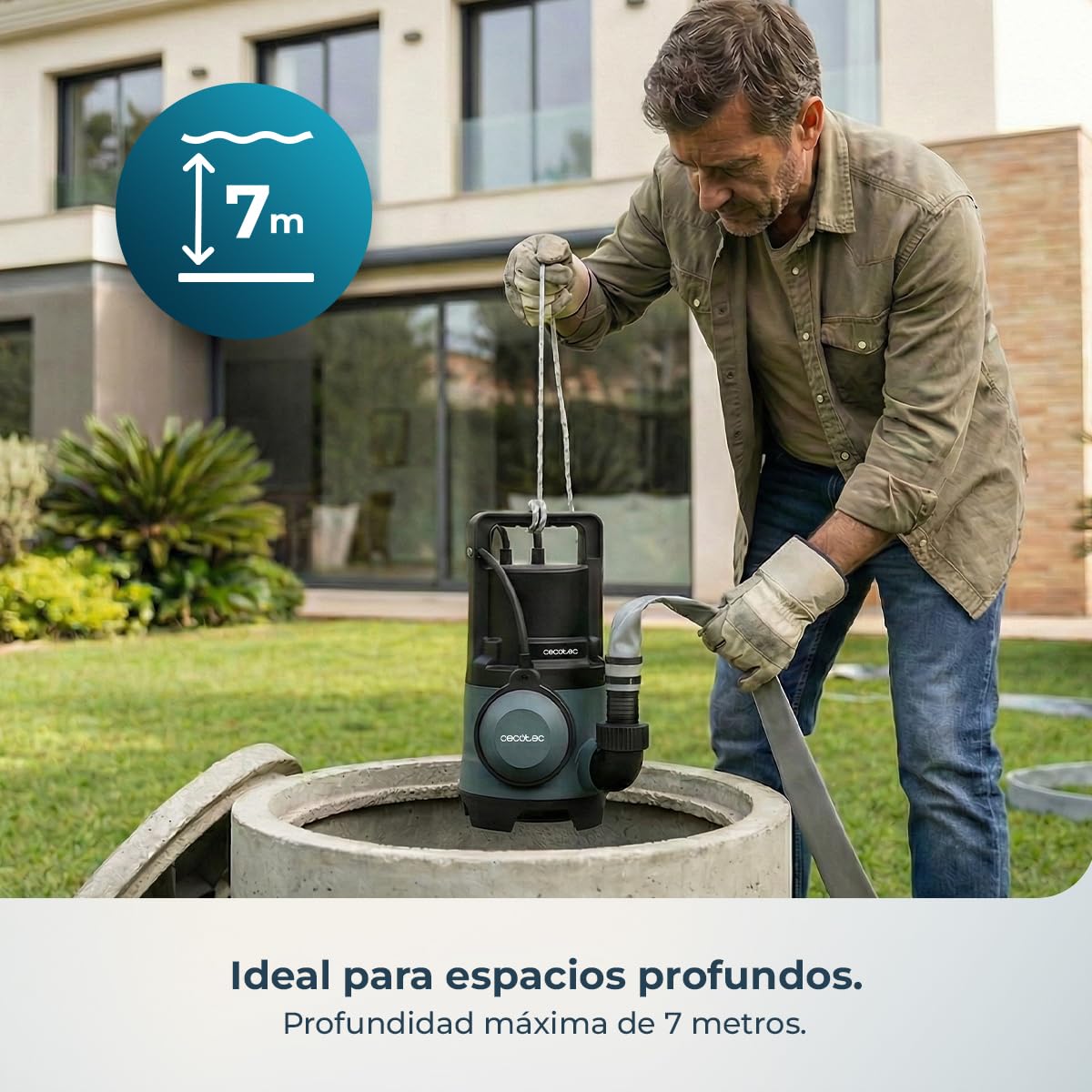 Cecotec Bomba de Aguas Sucias Axike 400 Dark. 400W, Caudal hasta 8000L/h, Altura Máx 5,5m, Profundidad 7m, Partículas hasta 25mm, Interruptor Flotante, IPX8, Cable 10m y Cuerda de Nylon 8m — view 5
