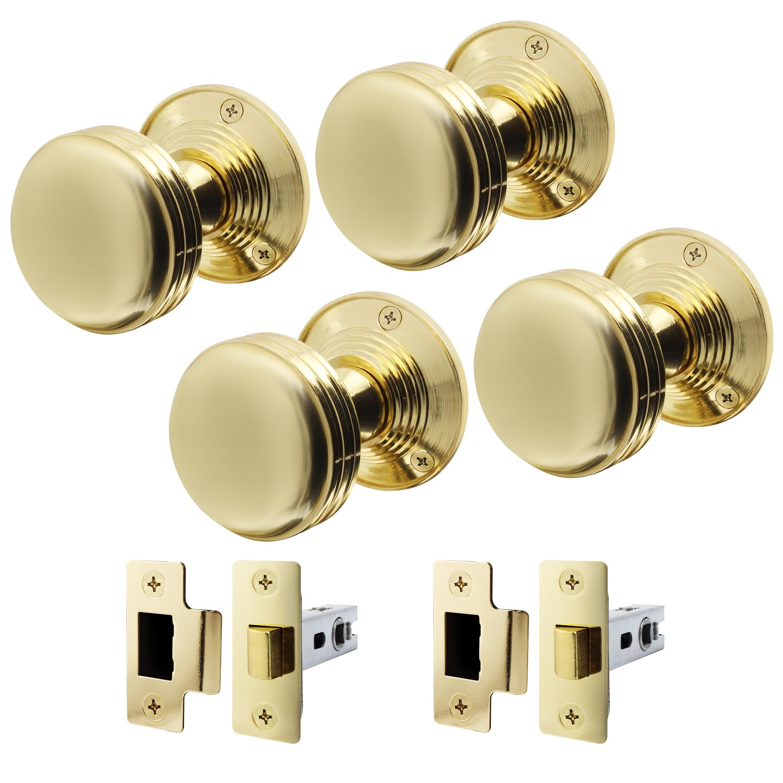 EAI Lined Door Knob Set Polished Brass | 2 Pairs of Mortice Knobs (55mm) & Latches (76mm) for Internal Doors