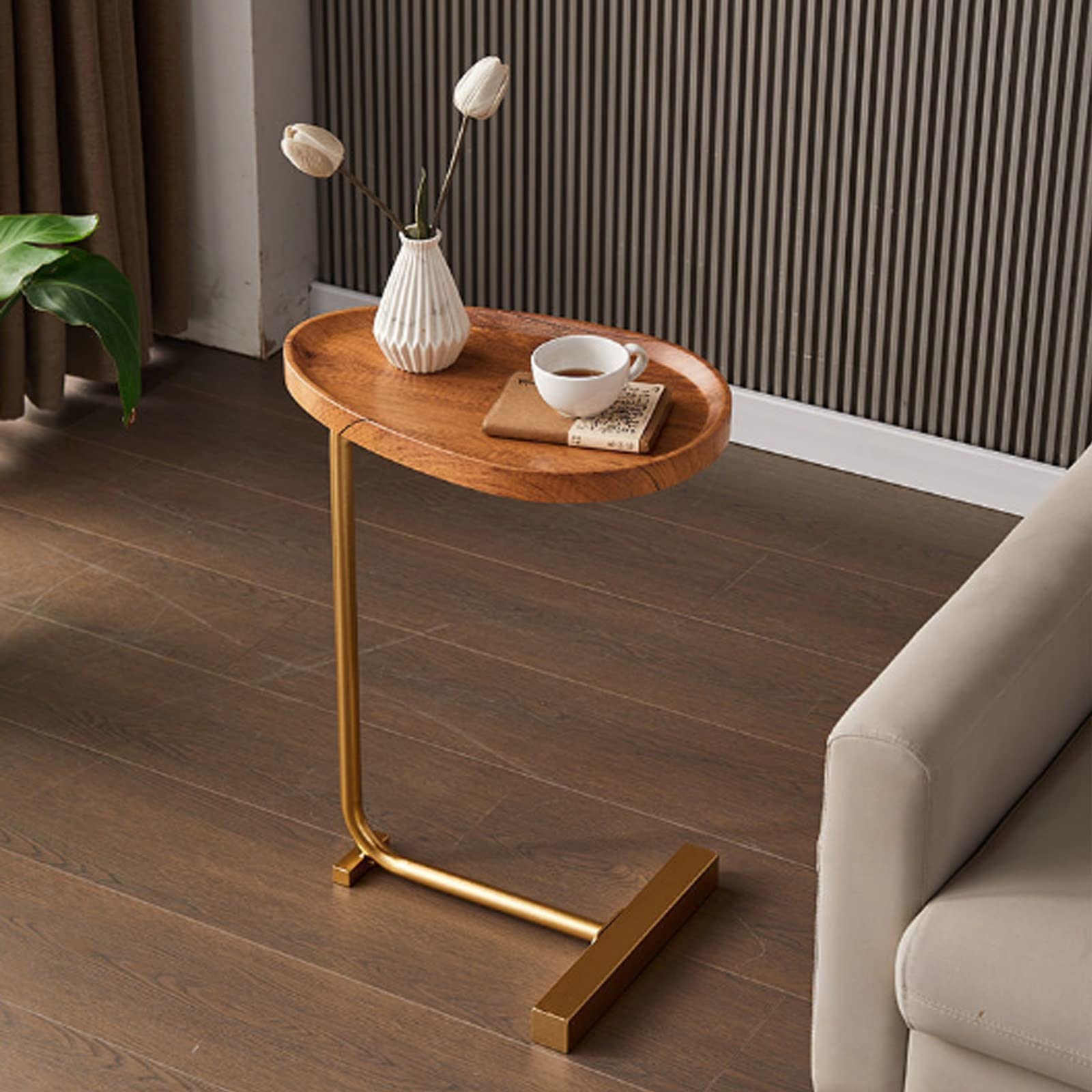SXZenSpace Gold CShaped Small Oval Coffee Table Versatile Side for Living Room Bedroom & Office Ideal Laptop Desk Spaces (45 x 30 70 cm)
