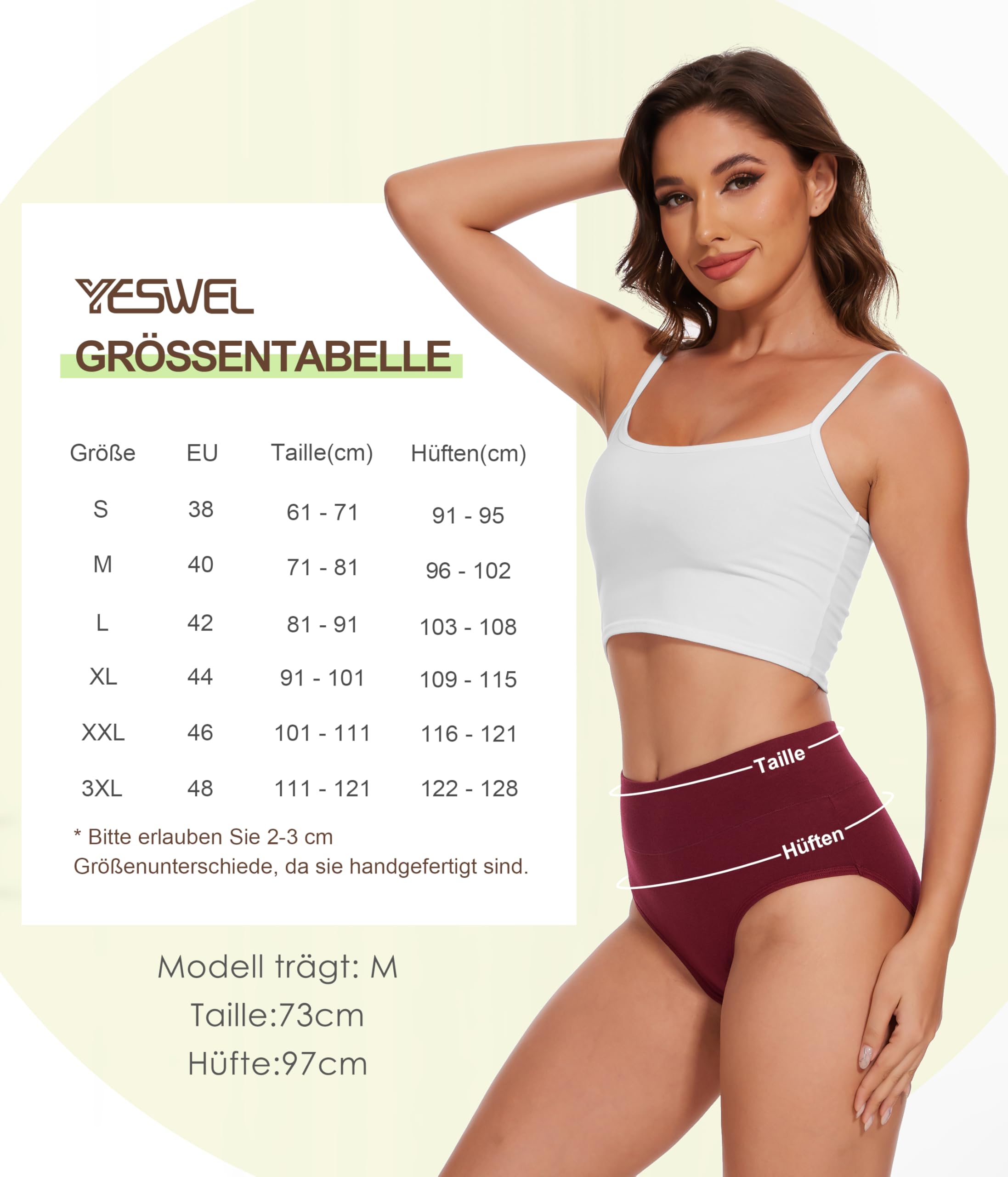 YESWEL Calzoncillos Mujer 5 Pack, Ropa Interior de Algodón Cintura Alta Hipster Bragas Elásticas Transpirables S-3XL