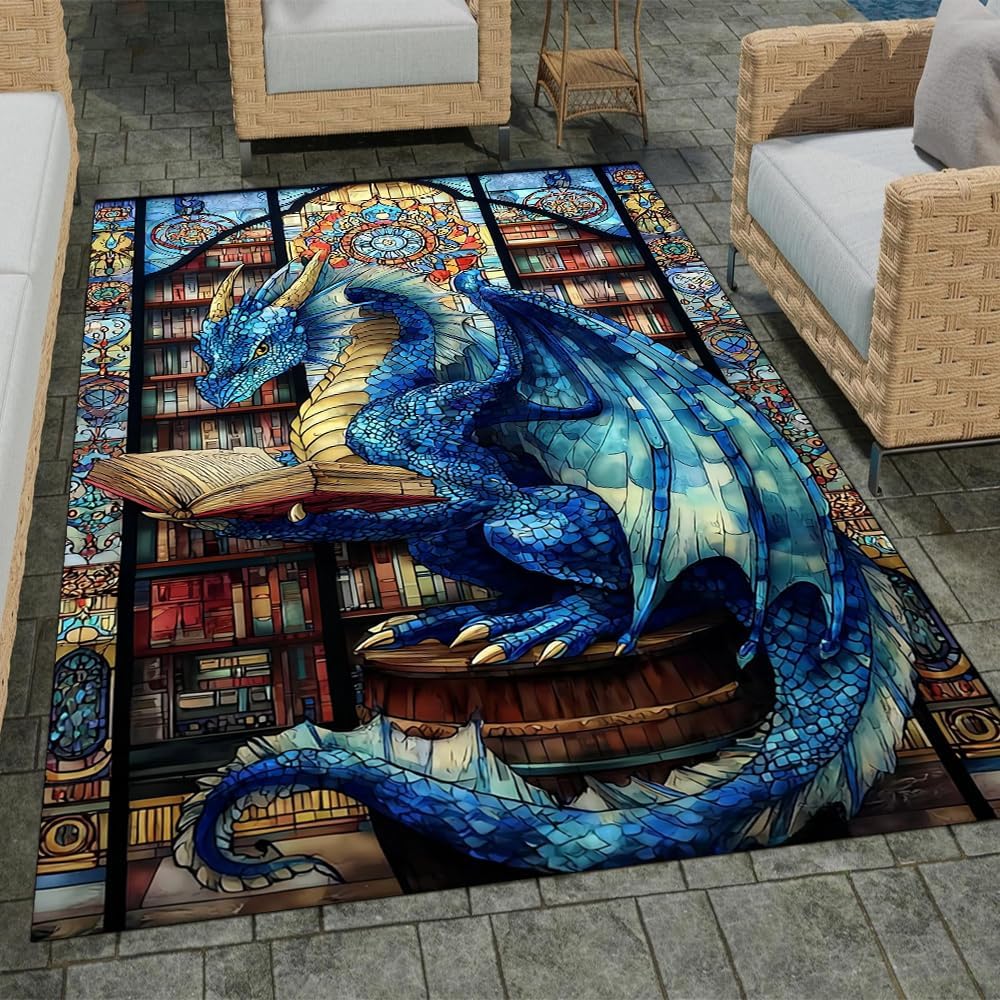 Customized Dragon Kids Rug,Blue Dragon & Wolf Area Rug, Dragon Reading Book Carpet Soft Large Office Non Slip for Living Room Bedroom Decor, Magical Sleeping Dragon Library Mat (DRAGON-DS10)
