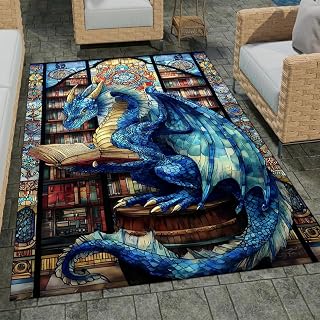 Customized Dragon Kids Rug,Blue Dragon & Wolf Area Rug, Dragon Reading Book Carpet Soft Large Office Non Slip for Living Room Bedroom Decor, Magical Sleeping Dragon Library Mat (DRAGON-DS10)