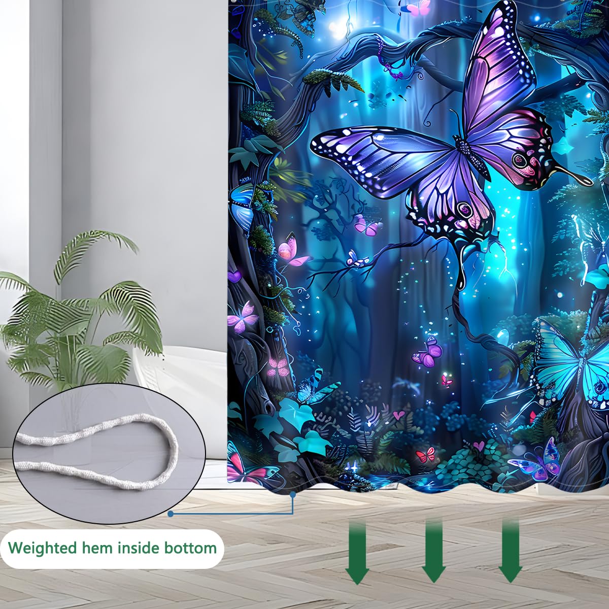 JINGYOU Niebieska zasłona prysznicowa, 180cm spadek, obciążona zasłona łazienkowa z motywem motyla 3D HD i 12 haczykami - 180 x 180cm spadek