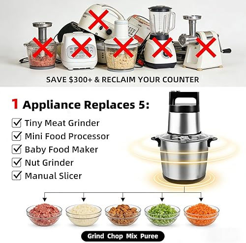 Miniatura 5 de Electric Large Food Processor,1200W Meat Grinder Stainless Steel for Home, Heavy-Duty Meat Blender Mincer with 2 Speed& 6 Blades,6L Electric Food