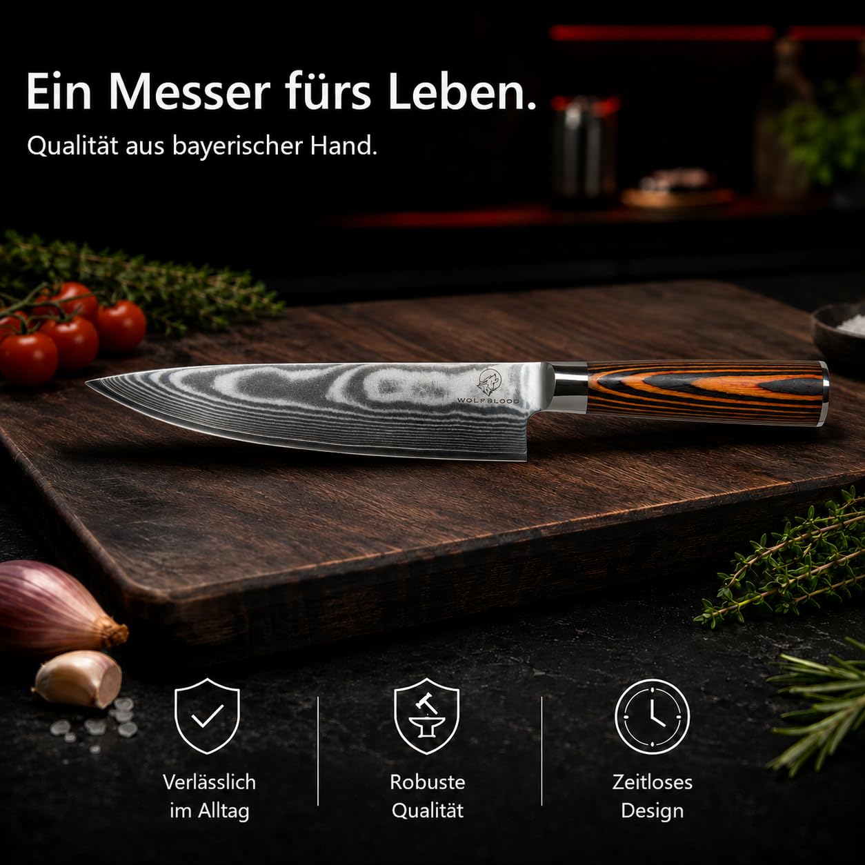 Wolfblood Damastmesser Küchenmesser XL (32cm) TÜV geprüfter 62 HRC Damaststahl aus 67 Lagen I Damast-Küchenmesser Chefmesser Kochmesser mit Holzgriff Geschenkbox und Klingenschutz
