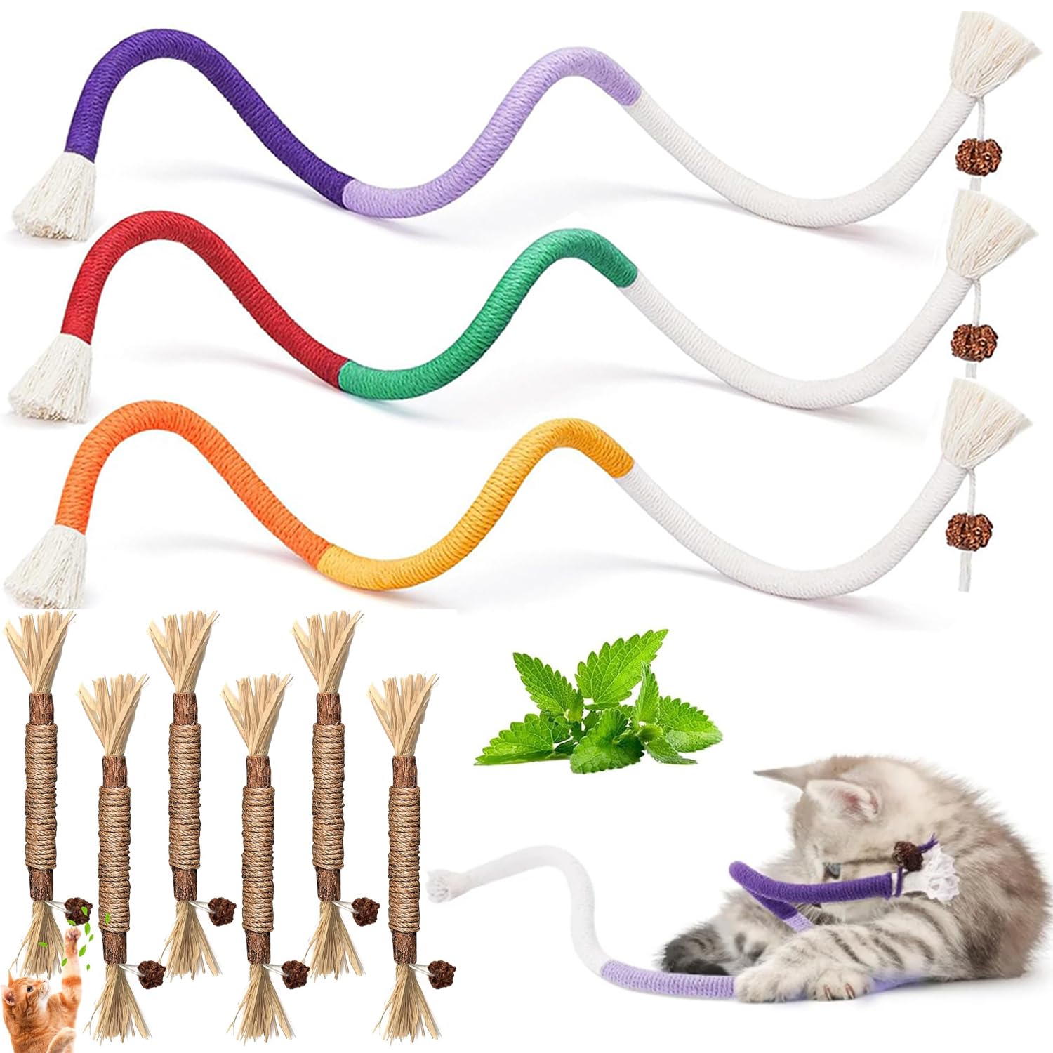 9 stuks kattenkruidstokken, 6 Matatabi kattenkruidspeelgoed, 3 stuks kattenkruidspeelgoed, bijttouw 70 cm, interactief kattenspeelgoed, tandverzorging voor katten en tegen slechte adem