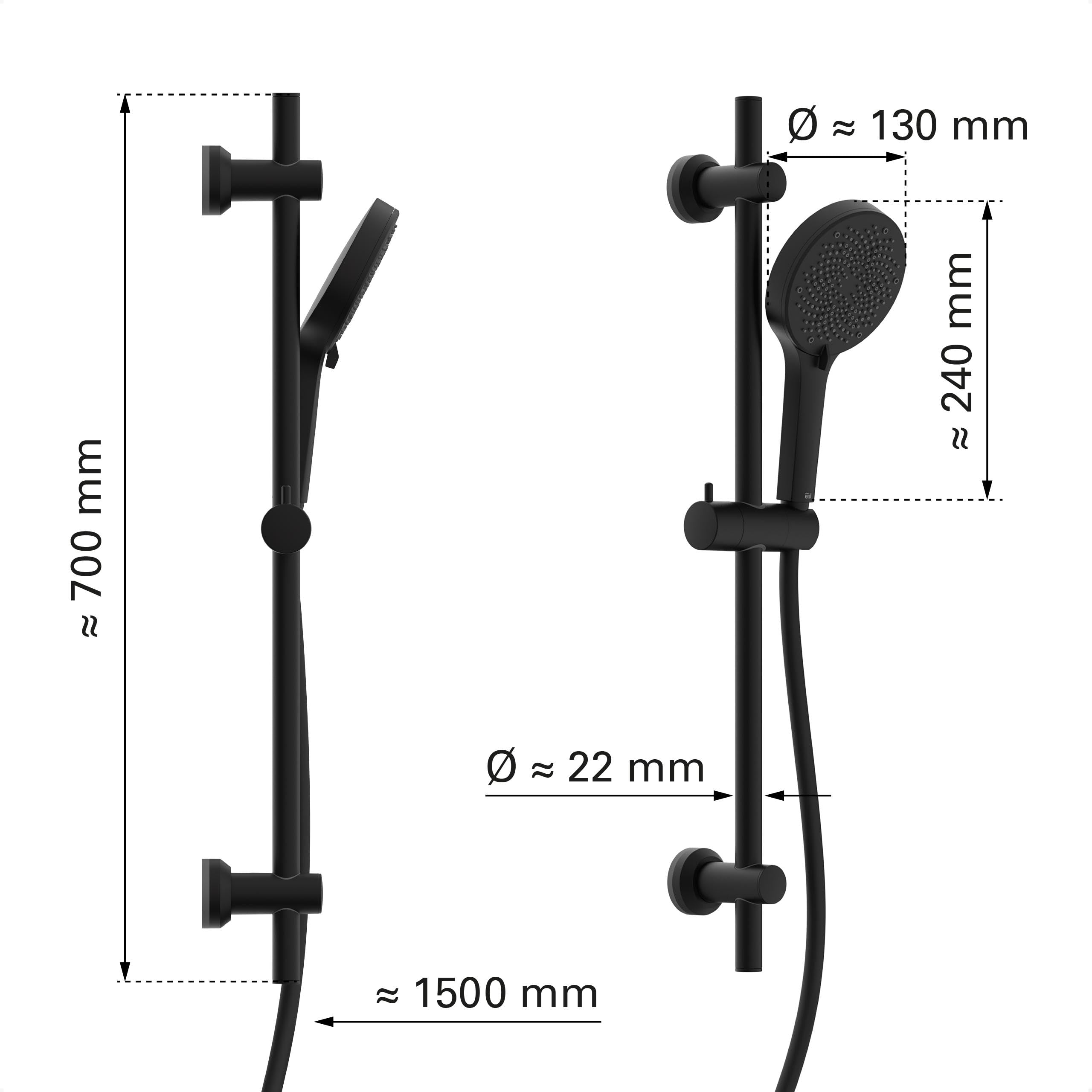 EISL DX7076CSB STILO Brausestangenset, Duschset mit Brausestange 70 cm, Duschbrause mit Schlauch und Halterung, Duschkopf mit 3 Funktionen, Duschstange mit Brause, Schwarz