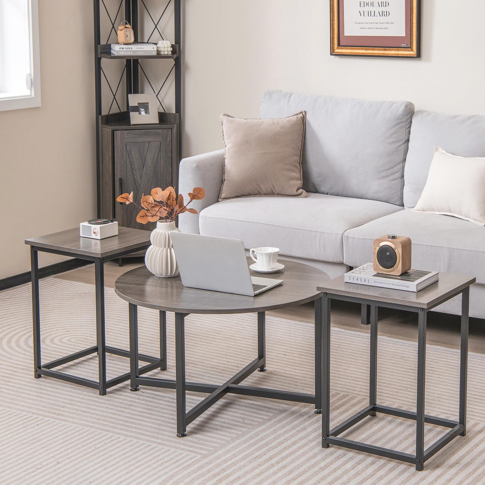 LIFEZEAL Set di 3 Tavolini da Salotto, Tavolini da Caffè, Tavolino Rotondo, 2 Tavolini Quadrati, Tavolini Bassi Laterali, Lato Divano, Separati, Uniti, Legno+Metallo, Moderno, per Soggiorno, Grigio