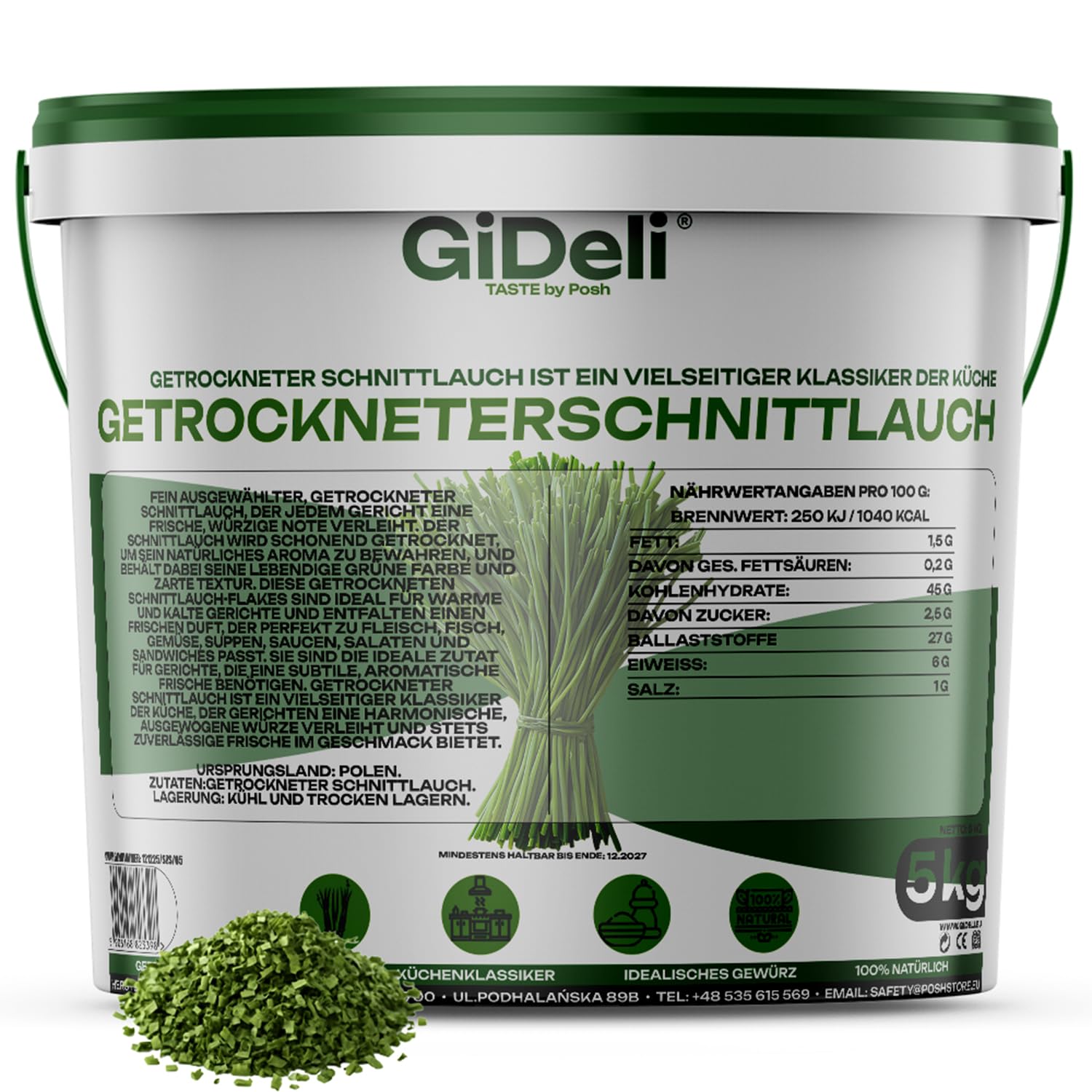 GiDeli Getrockneter Schnittlauch 5kg im Eimer - Küchenkräuter getrocknet - Perfekt für Kartoffelgerichte Suppen Salate Soßen