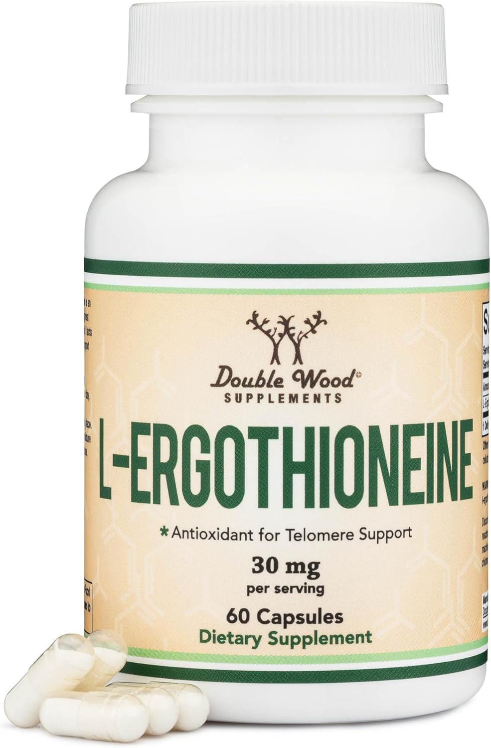 Ergothioneine Supplement (EGT) 30mg of Pure, Plant-Based L-Ergothioneine Per Capsule, 60 Count (May Support Longevity and Healthy Aging) Non-GMO, Gluten Free, Vegan Safe by Double Wood (Pack of 2)